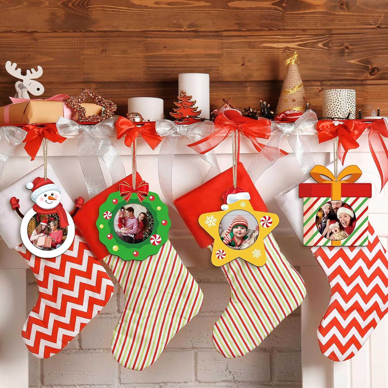 Decorative Christmas stockings with colorful patterns and photo frames on a wooden shelf.