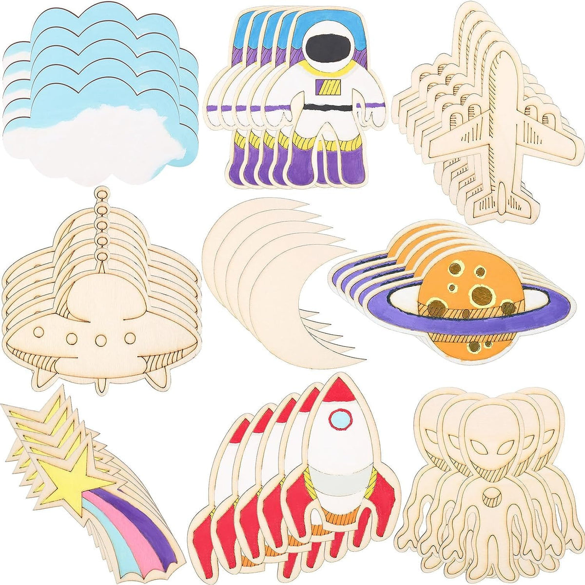 Set of wooden space-themed cutouts including an astronaut, spaceship, cloud, and alien.