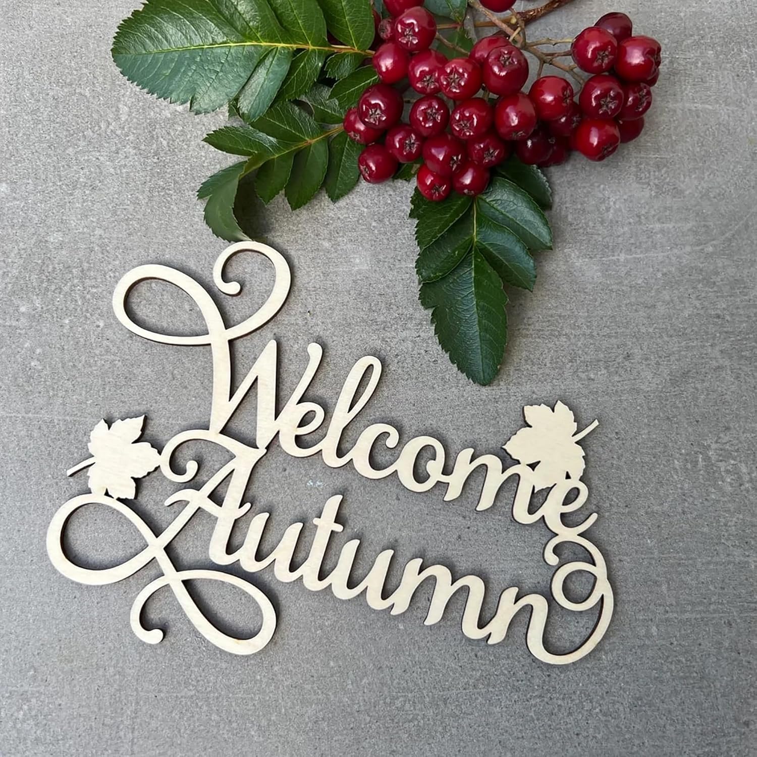 Decorative sign with 'Welcome Autumn' text on a gray background with berries and leaves.