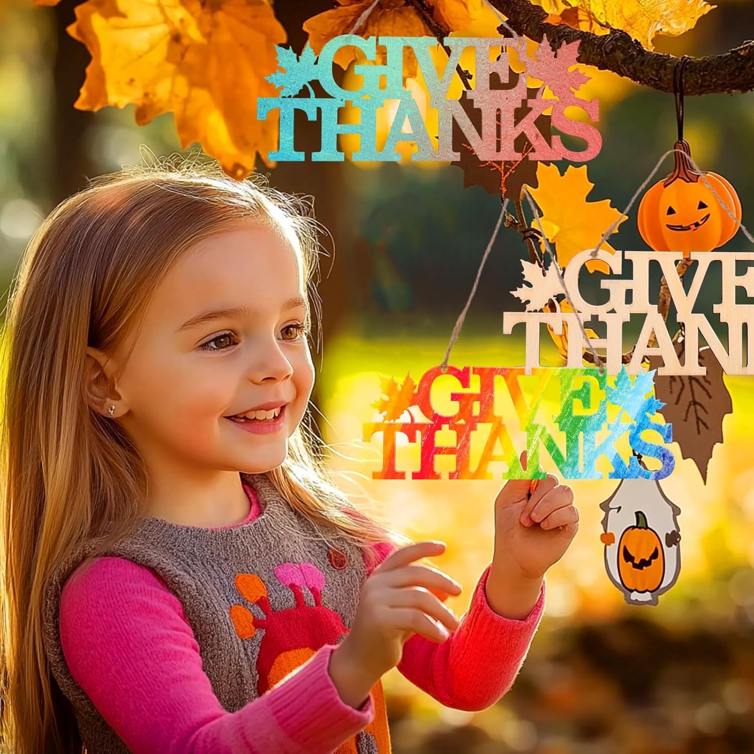 Child holding 'Give Thanks' sign with autumn leaves and pumpkins in the background