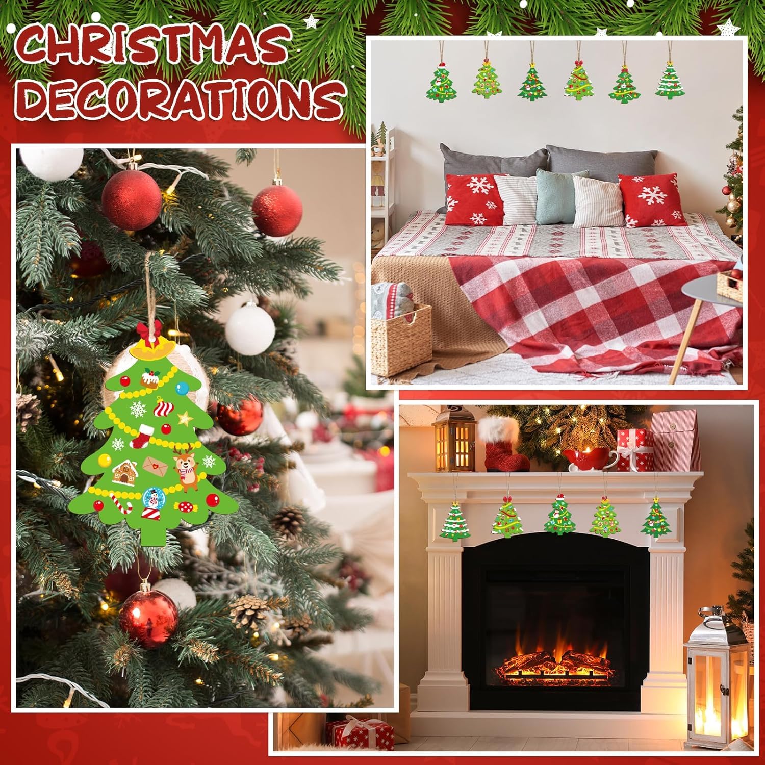 Collage of Christmas decorations including a tree, bedroom, and fireplace.