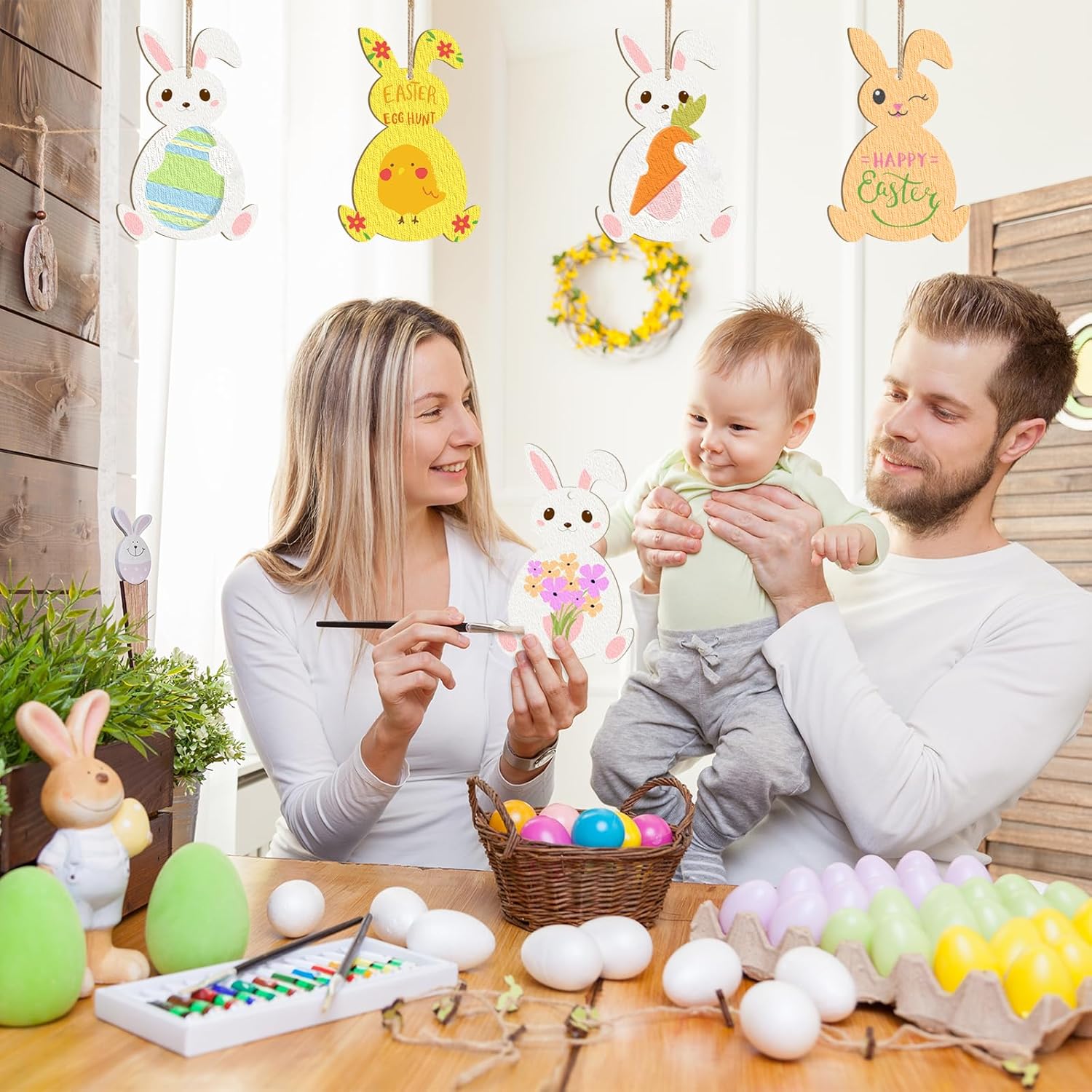 Family at a table with Easter decorations and activities
