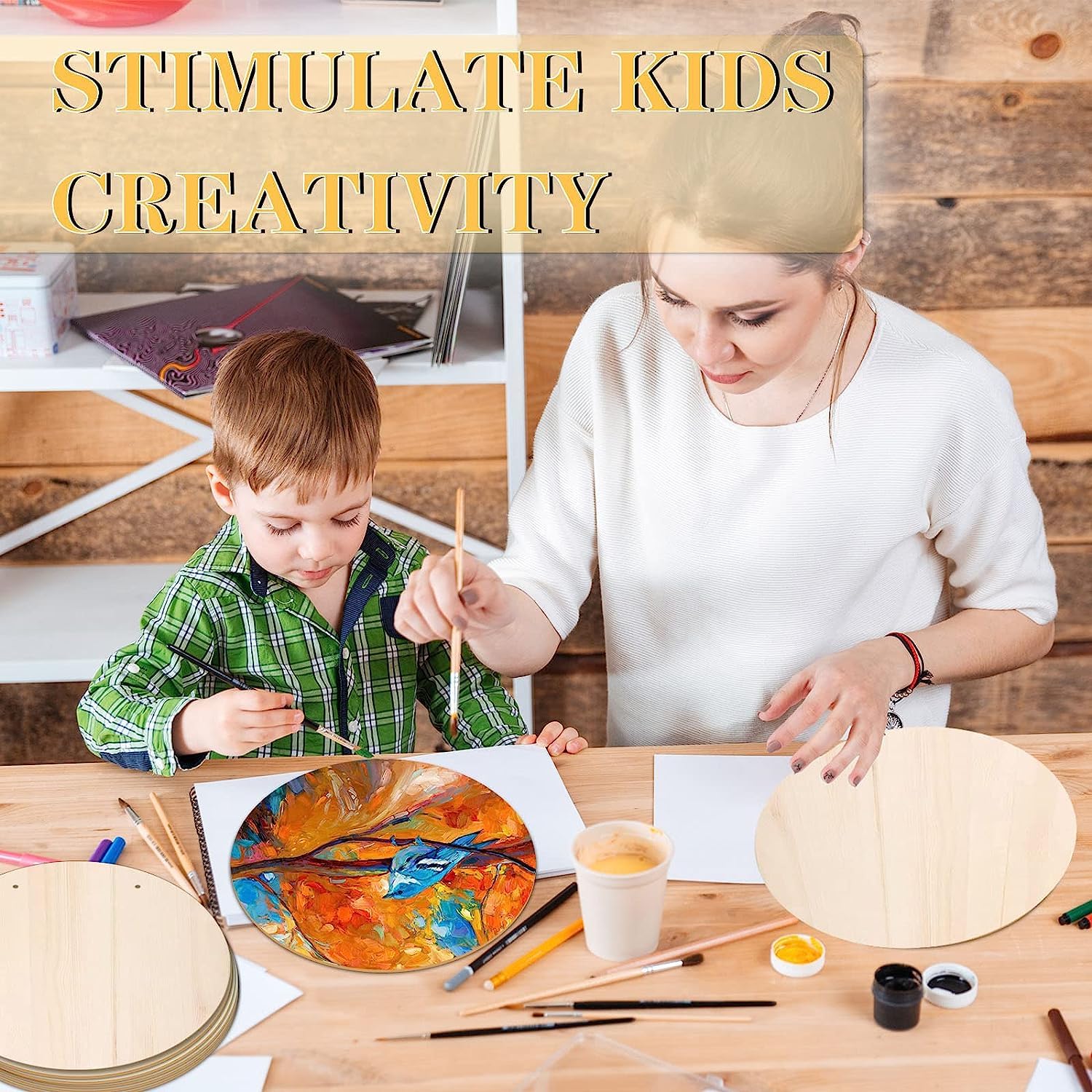 Woman and child painting together with text 'Stimulate Kids Creativity' on a wooden table.