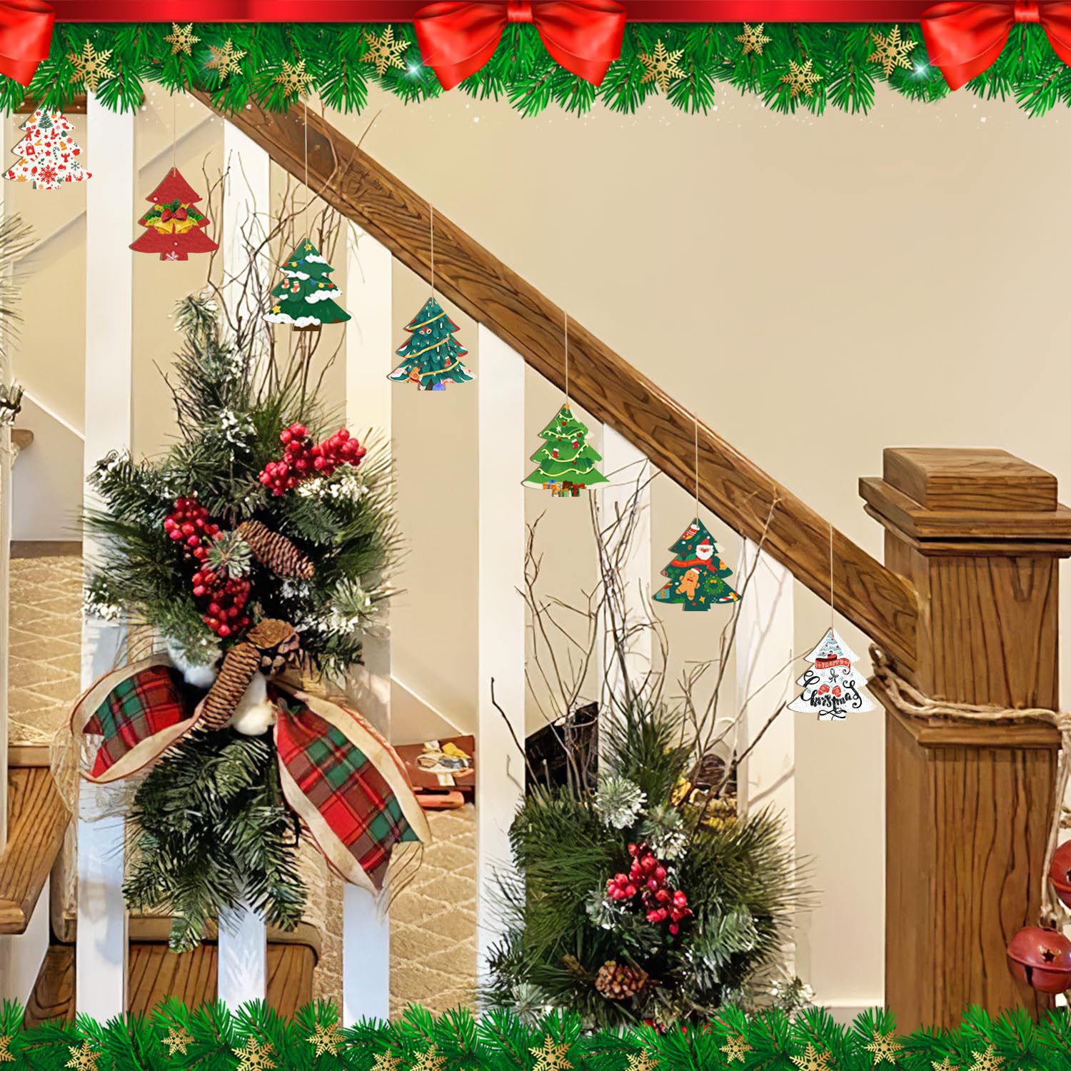 Decorative Christmas staircase with wreaths, ornaments, and garlands.