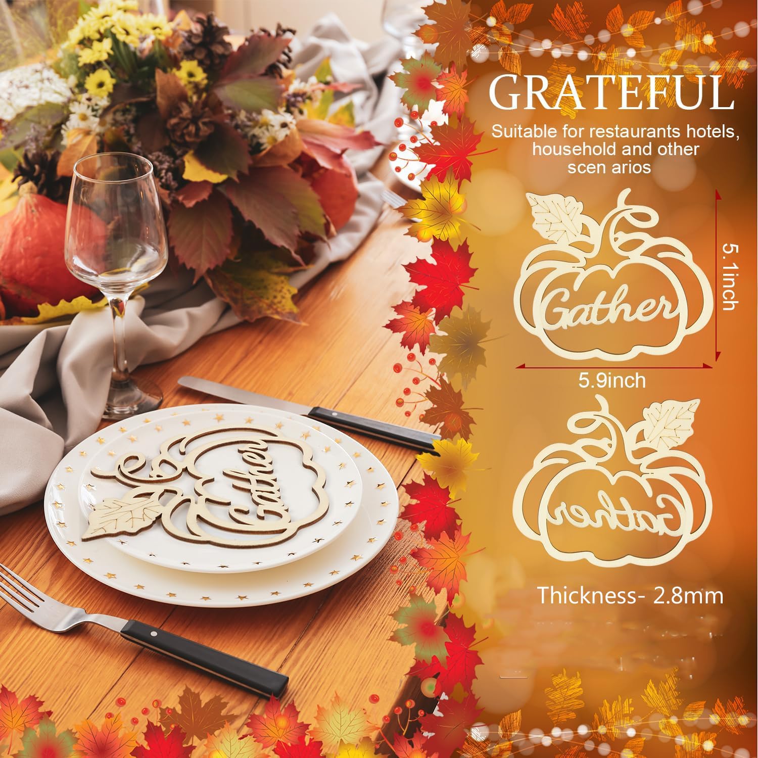 Autumn-themed table setting with decorative cutout and measurements on an orange background.