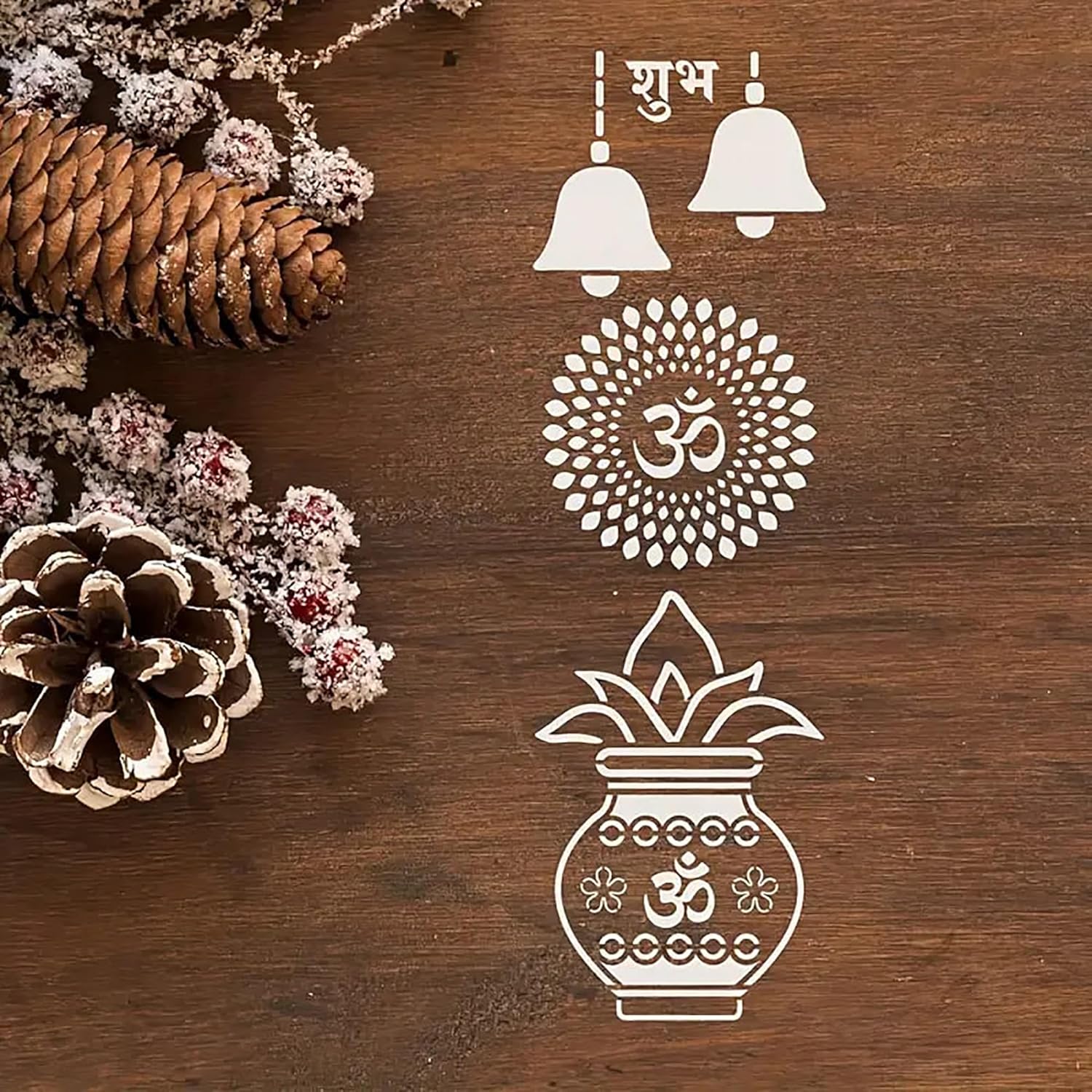 Decorative elements on a wooden background with pinecones and flowers.