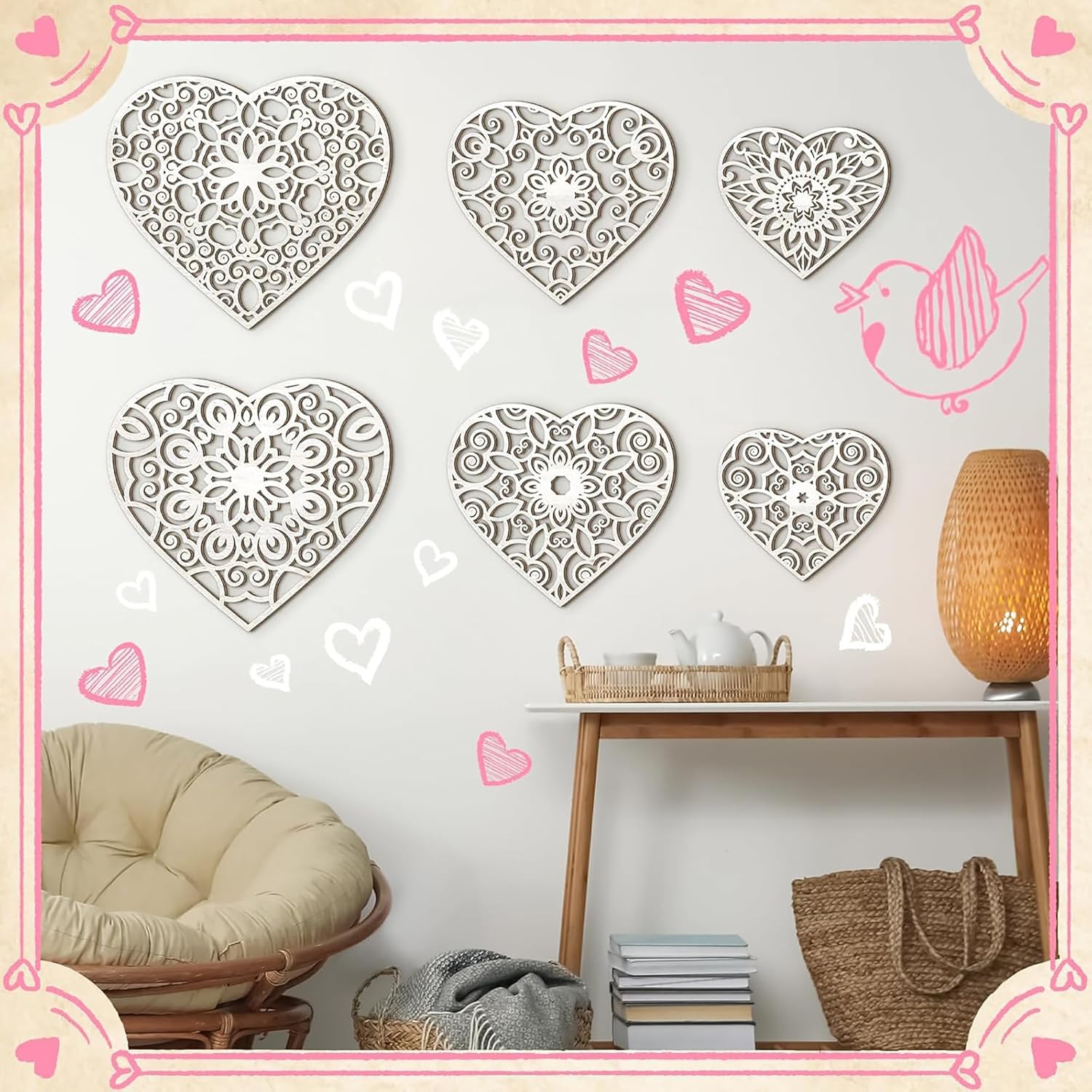 Decorative heart-shaped wall art on a white wall with a shelf and chair.