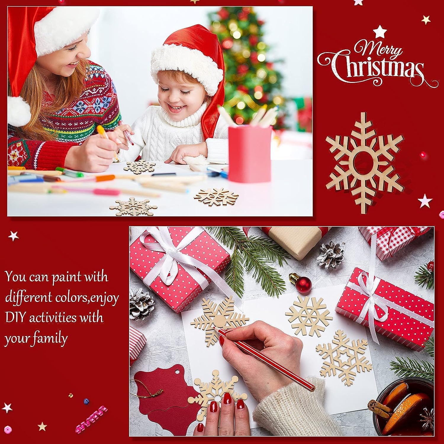 Children in Christmas hats painting wooden snowflakes with a festive background.