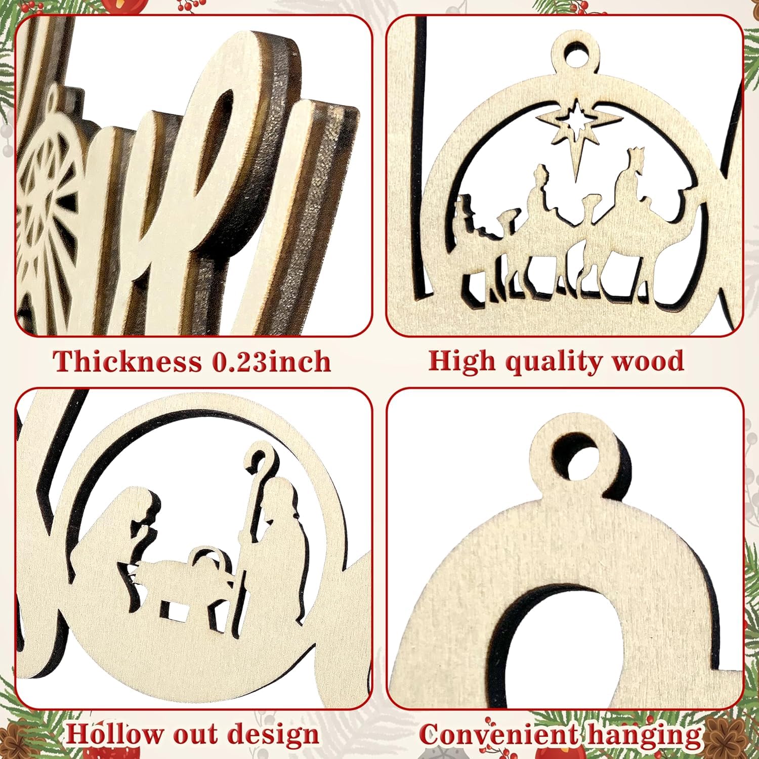 Wooden nativity scene cutouts with text and images on a decorative background