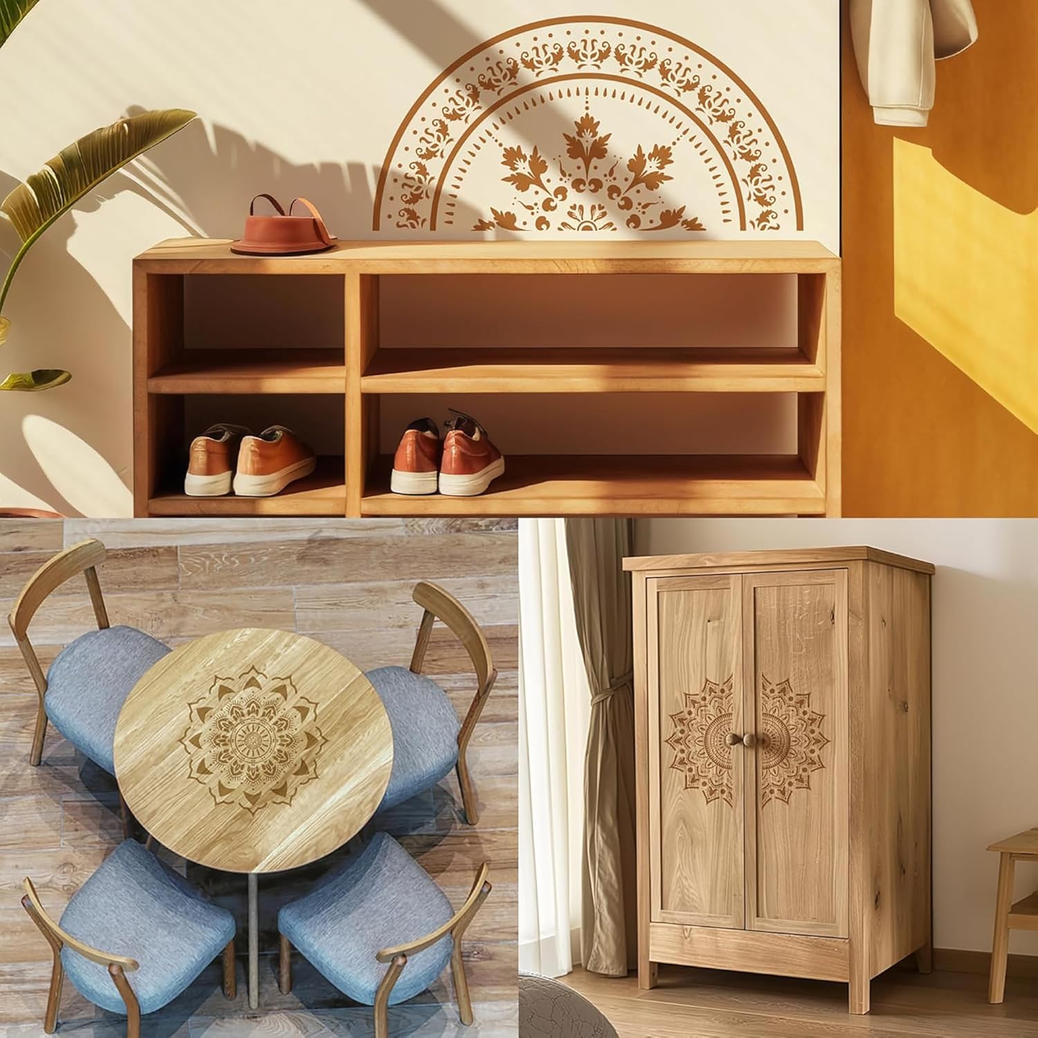 Wooden furniture set with decorative elements including a cabinet, table, and shelves.