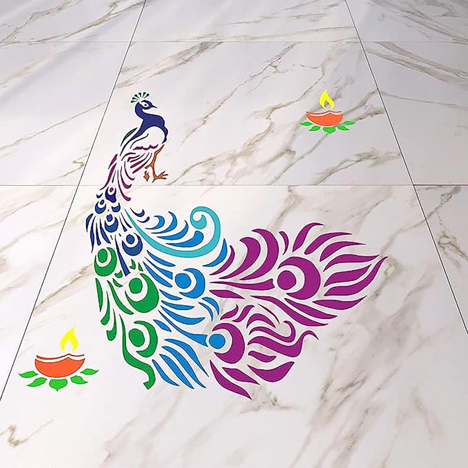Colorful peacock design on a marble floor with two small red lamps.