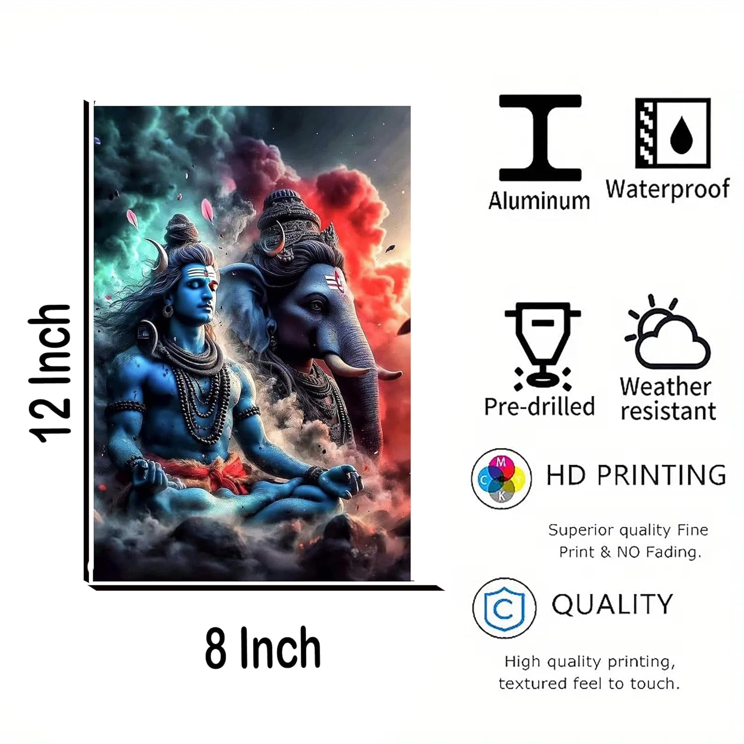 Decorative panel with神像 design, size 12x8 inch, featuring waterproof, pre-drilled, weather-resistant, HD printing, and high-quality quality attributes.