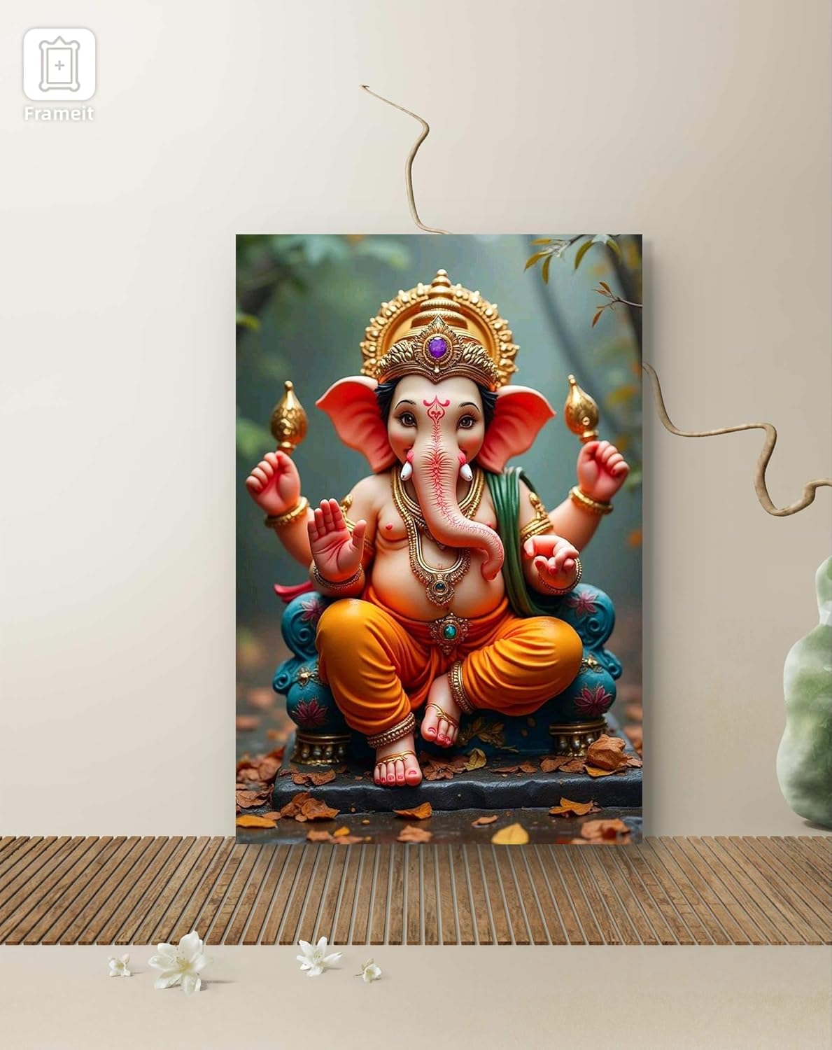 Colorful statue of a deity on a decorative mat with a neutral background