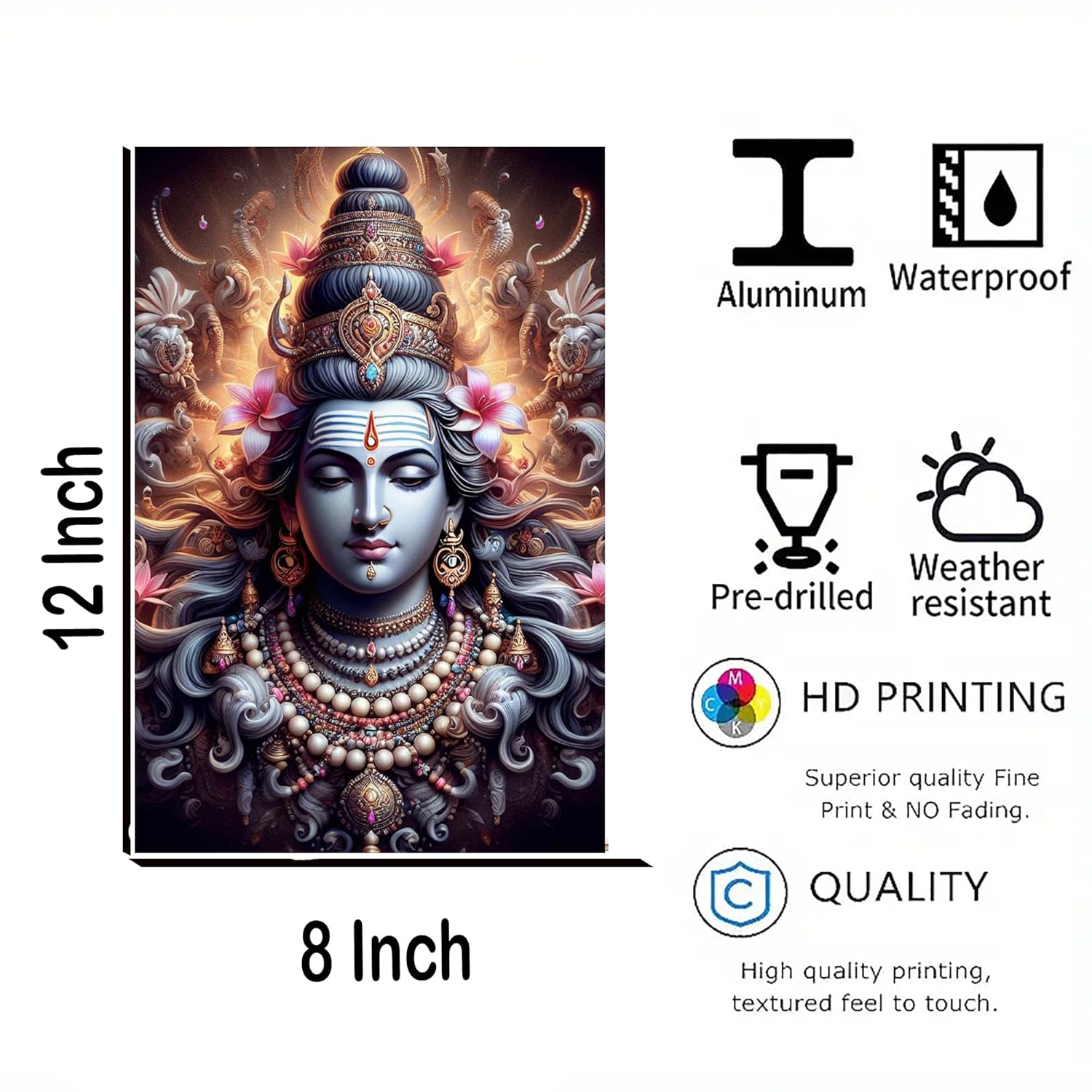 Decorative panel with artistic design, size 12x8 inches, featuring waterproof, pre-drilled, weather-resistant, HD printing, and high-quality quality attributes.