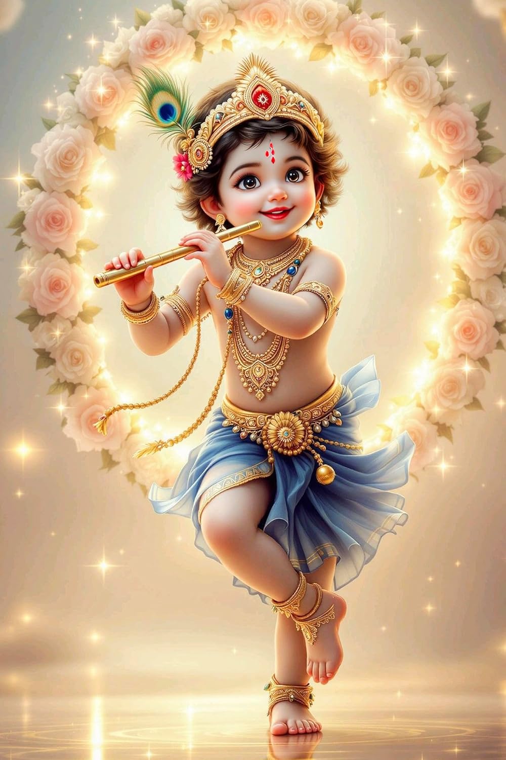 Illustration of a child holding a flute surrounded by flowers and lights