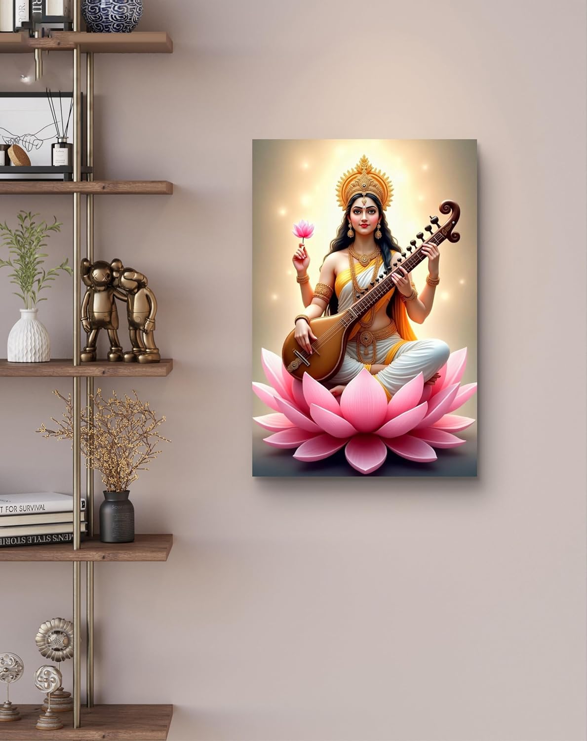 Canvas print of a deity playing a stringed instrument on a pink lotus, displayed on a wall above a wooden shelf.