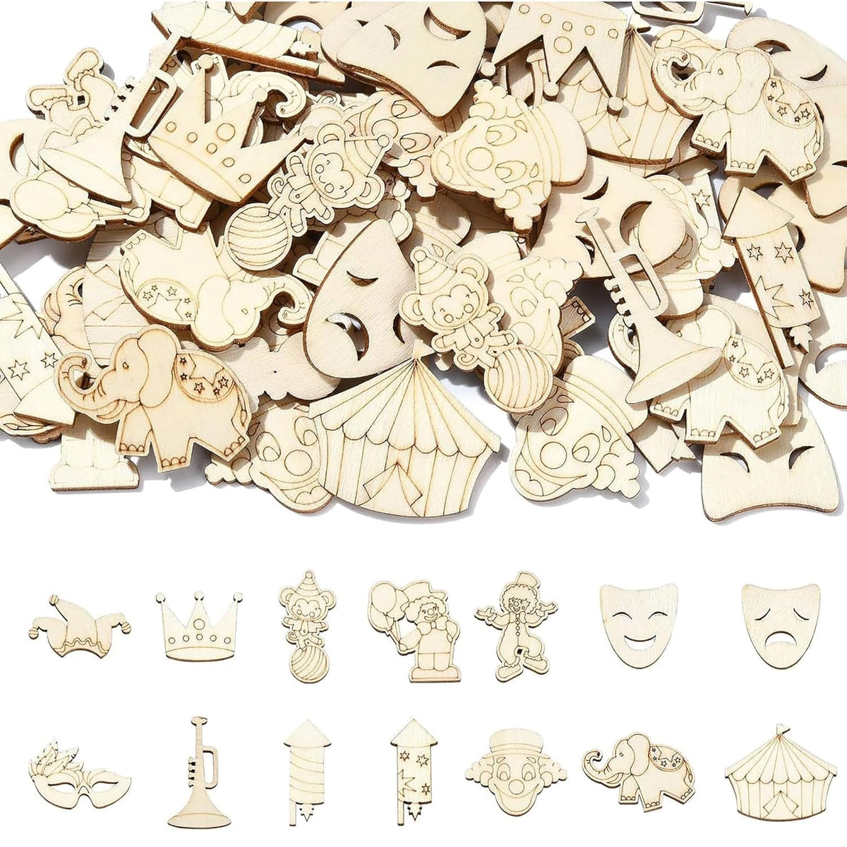 Cliths Pack of 28 Circus Wooden Cutouts Joker Elephant & Mask Shapes Craft Ornaments for Painting