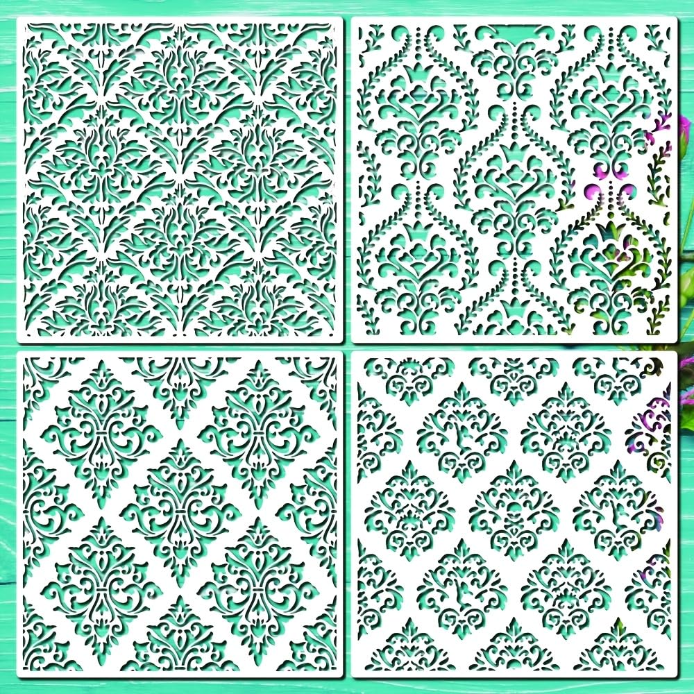 Four decorative tiles with intricate patterns on a green background
