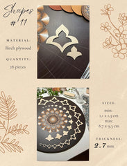 Decorative shapes made of birch plywood with size, quantity, and material information displayed.