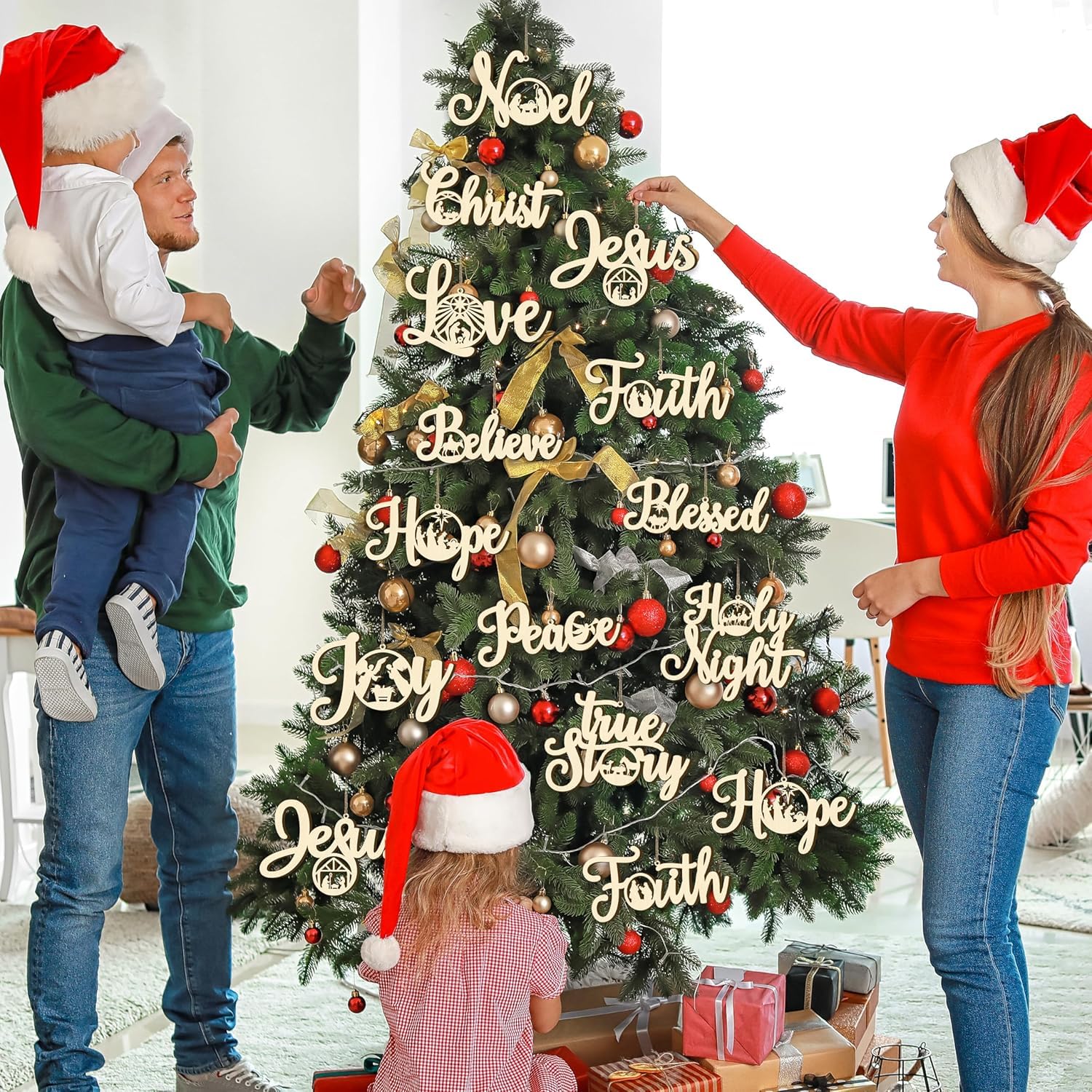 Family decorating a Christmas tree with wooden ornaments in a home setting.