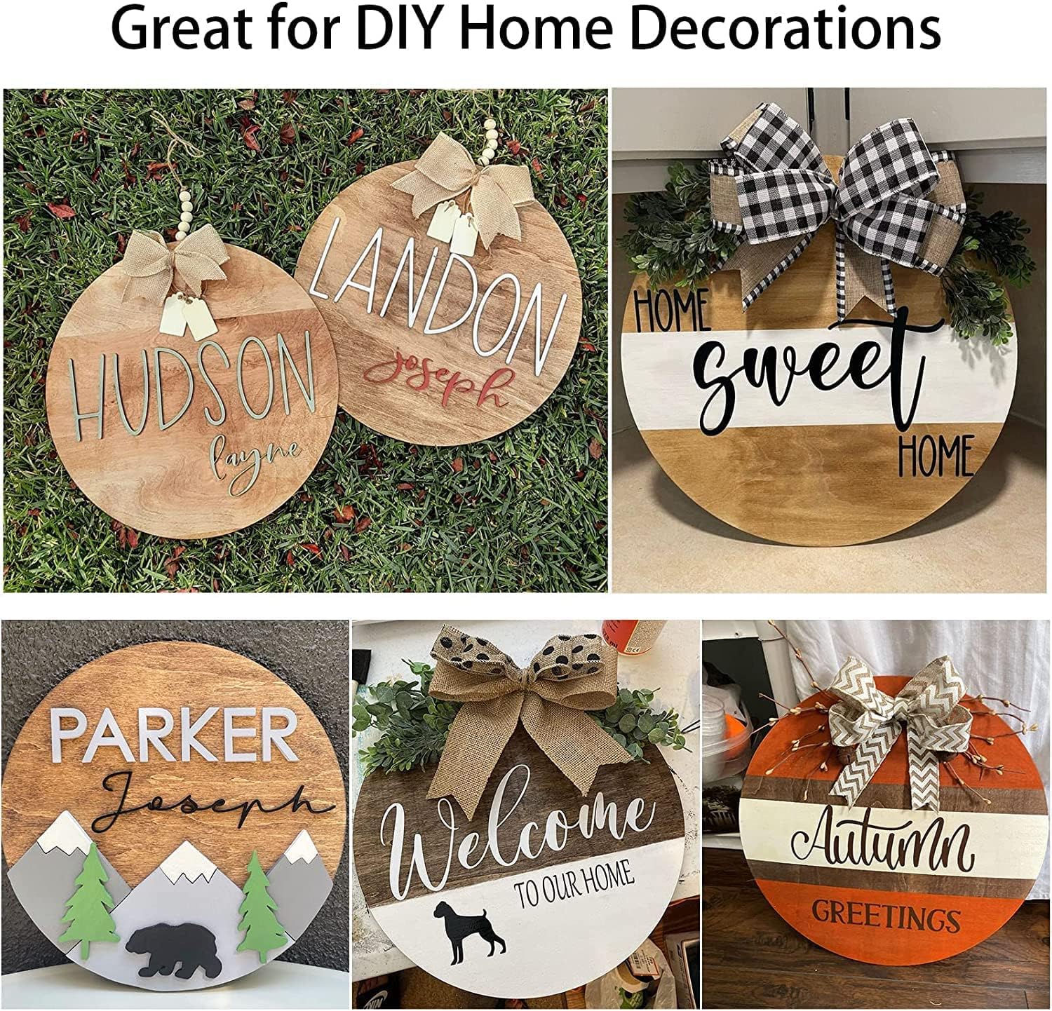 Collage of wooden signs with names and phrases, suitable for DIY home decorations.