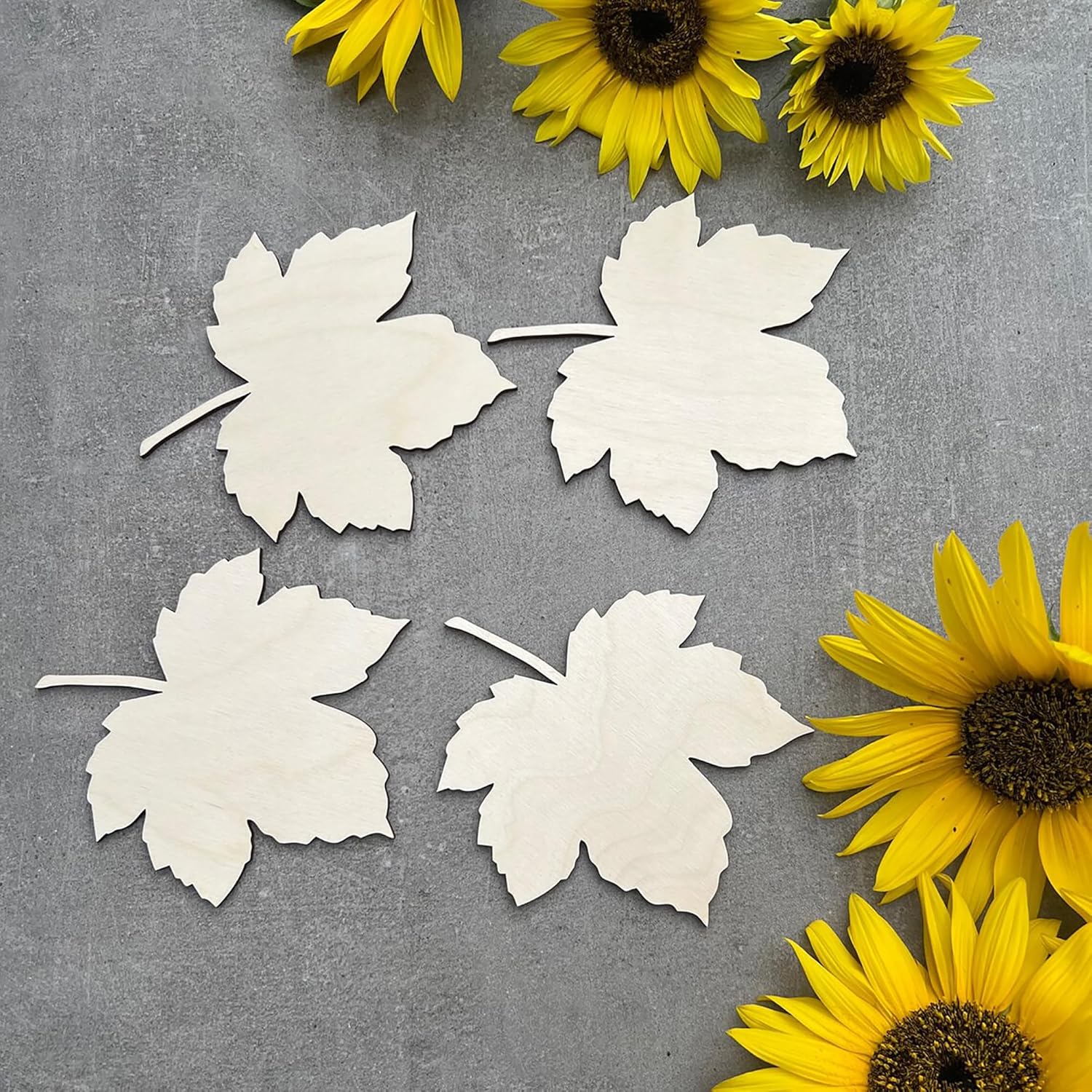 White paper leaves on a gray surface with yellow sunflowers.