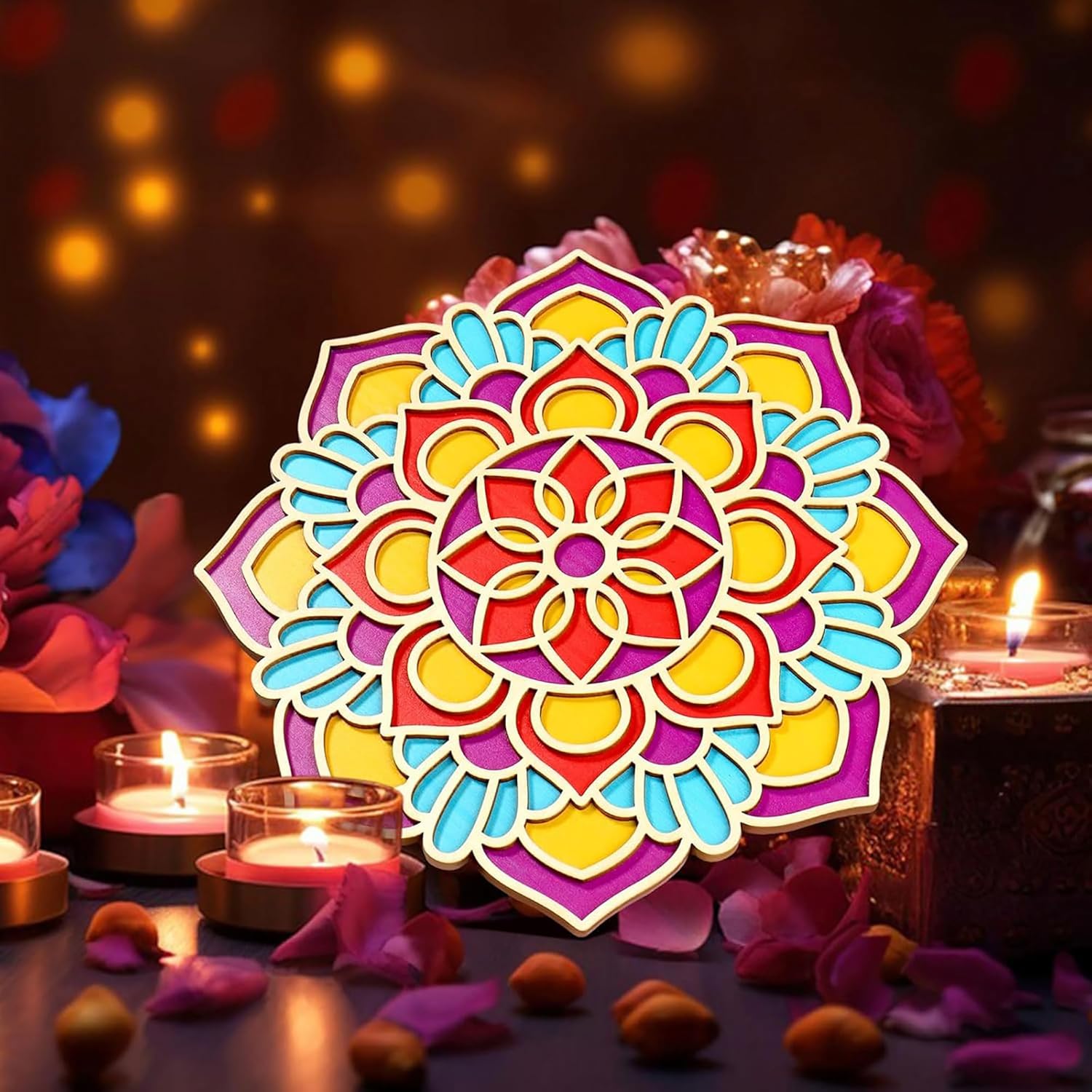 Decorative mandala with candles and flowers on a dark background