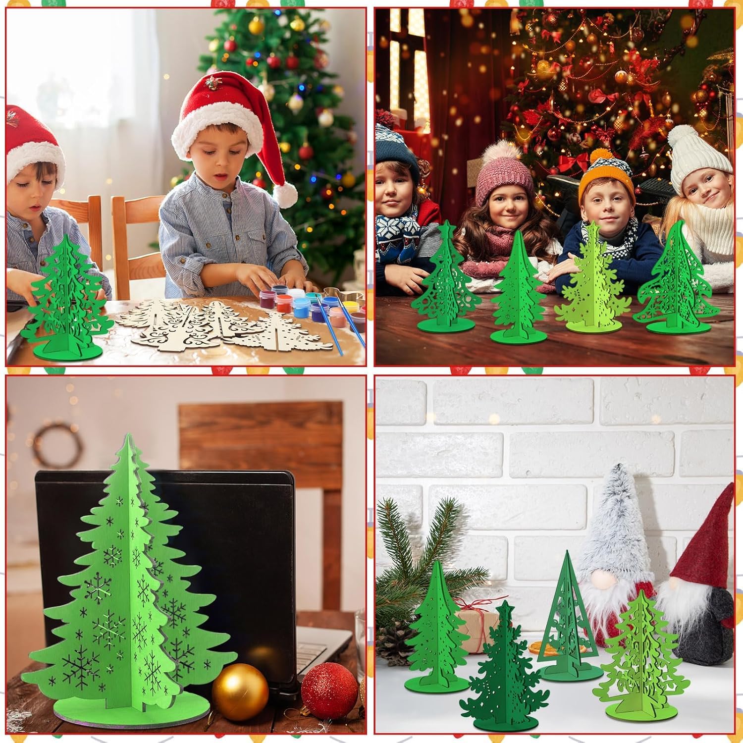 Collage of children playing with green Christmas tree decorations in various settings.