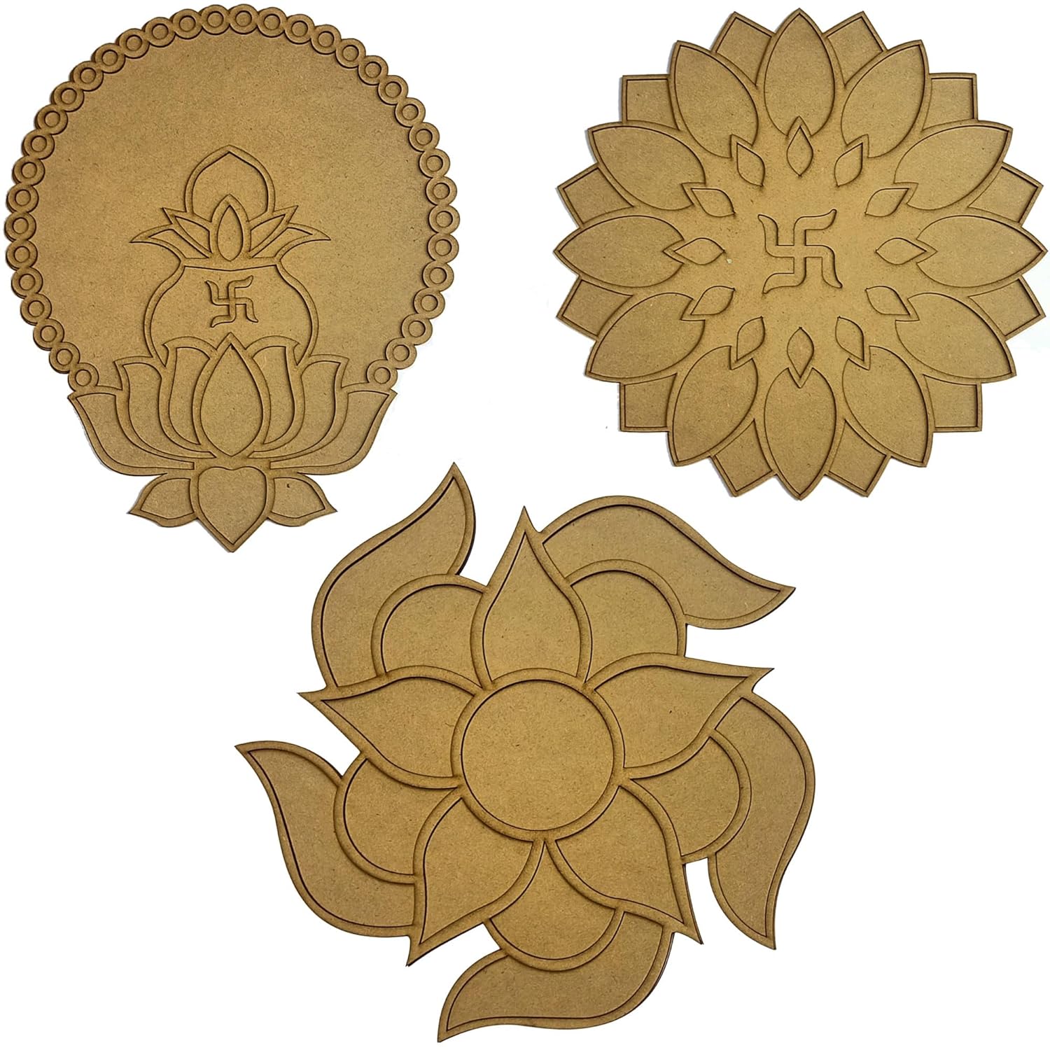 Three decorative wooden coasters with floral designs on a white background