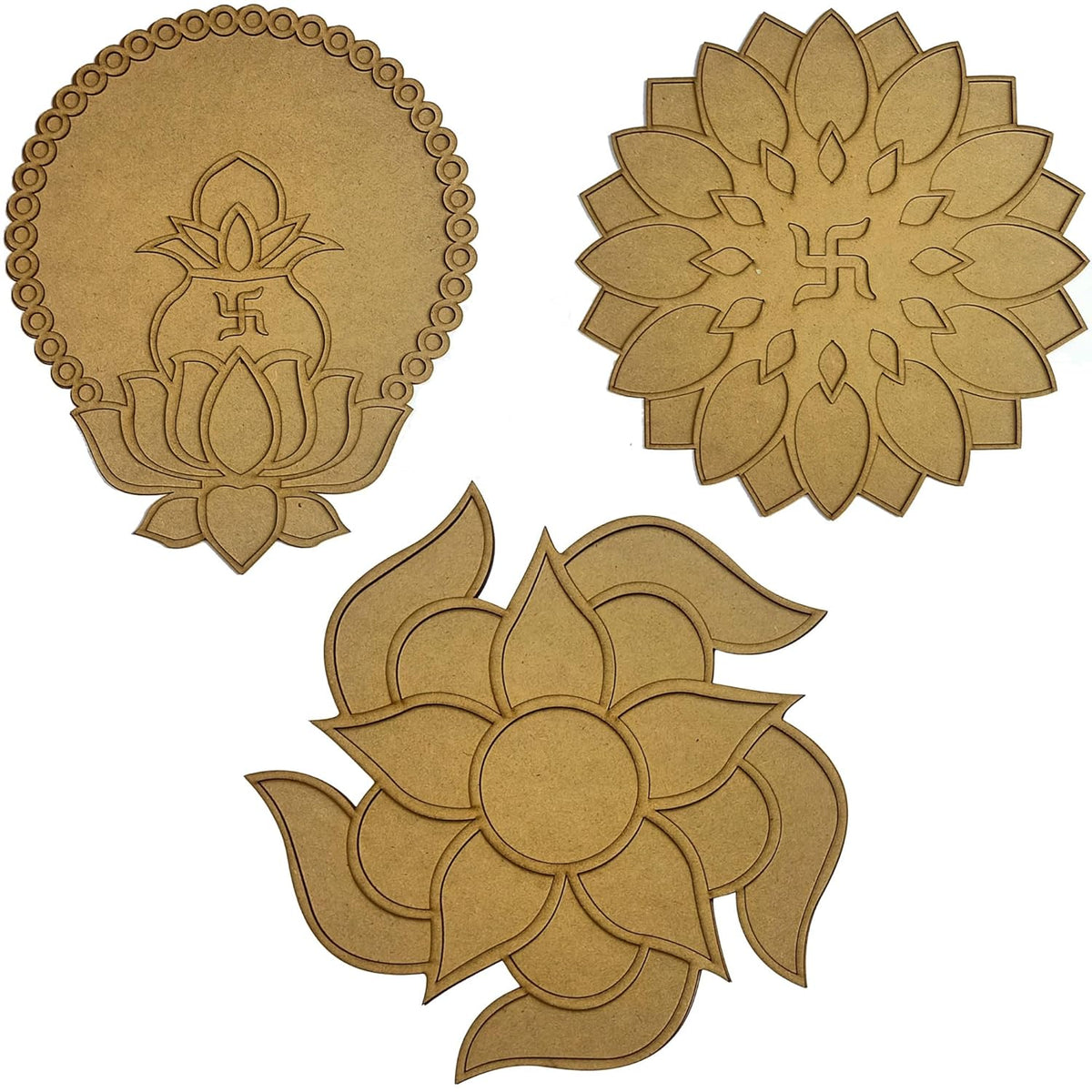 Three decorative wooden coasters with floral designs on a white background