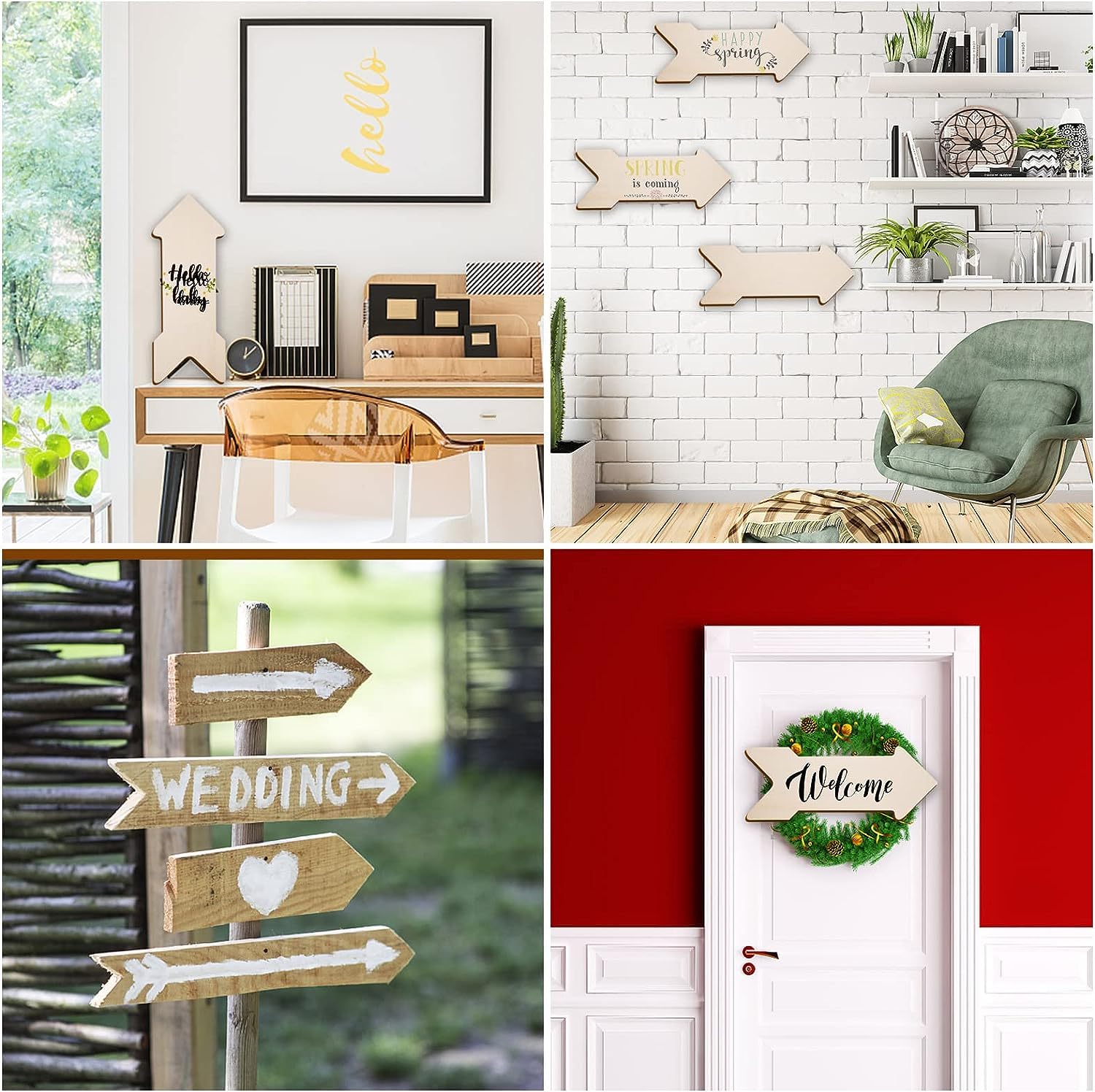 Collage of home decor items including wall art, furniture, and decorative signs.