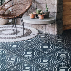 Patterned floor with a modern chair and table in the background