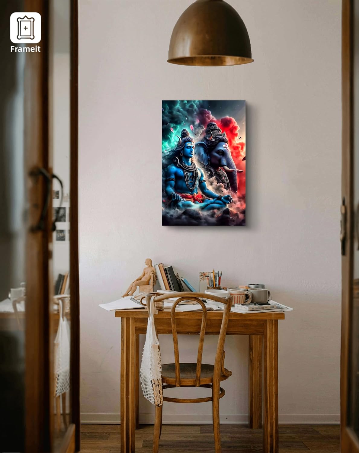 Decorative wall art of a deity on a colorful background in a home setting.