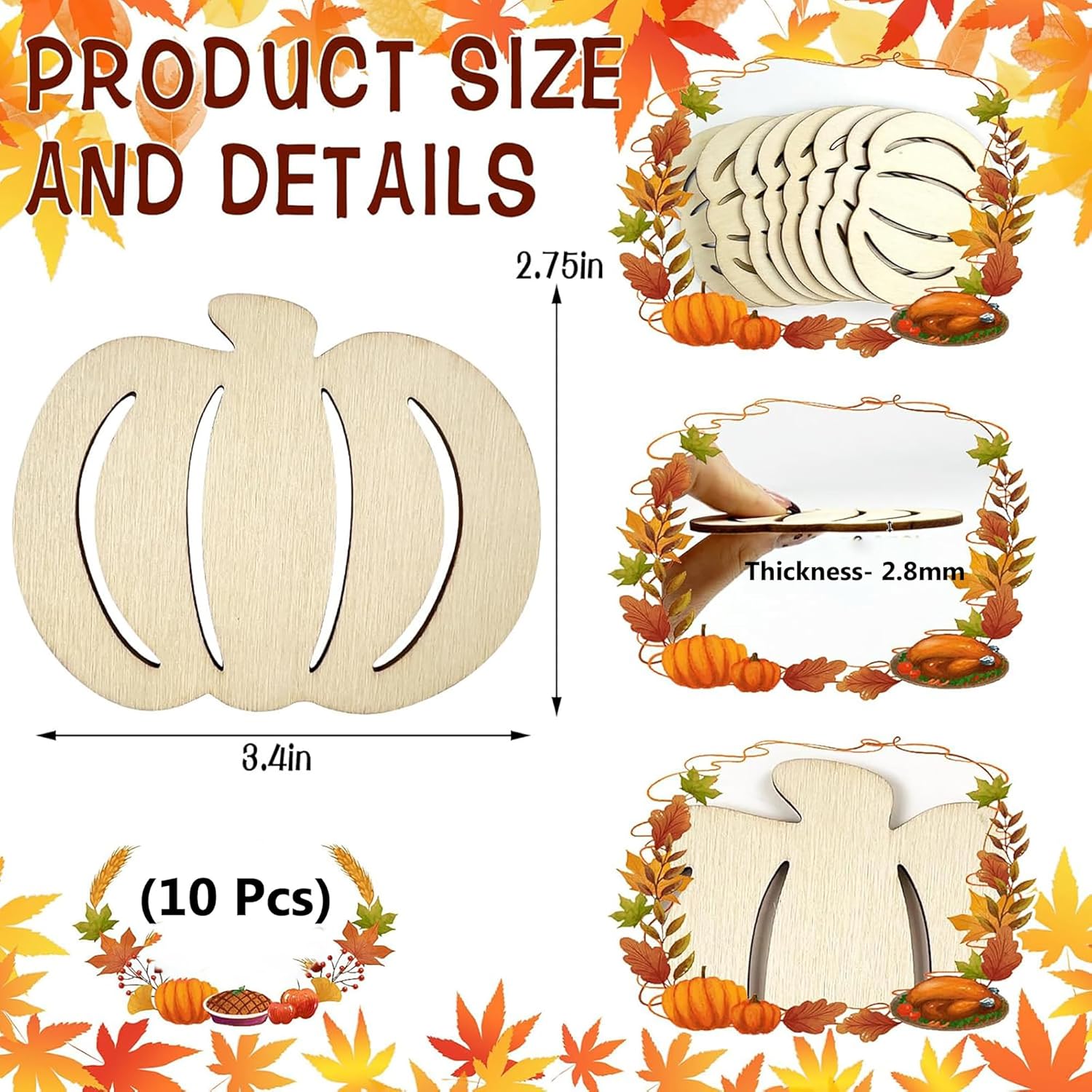 Wooden pumpkin decorations with measurements and details on a fall-themed background
