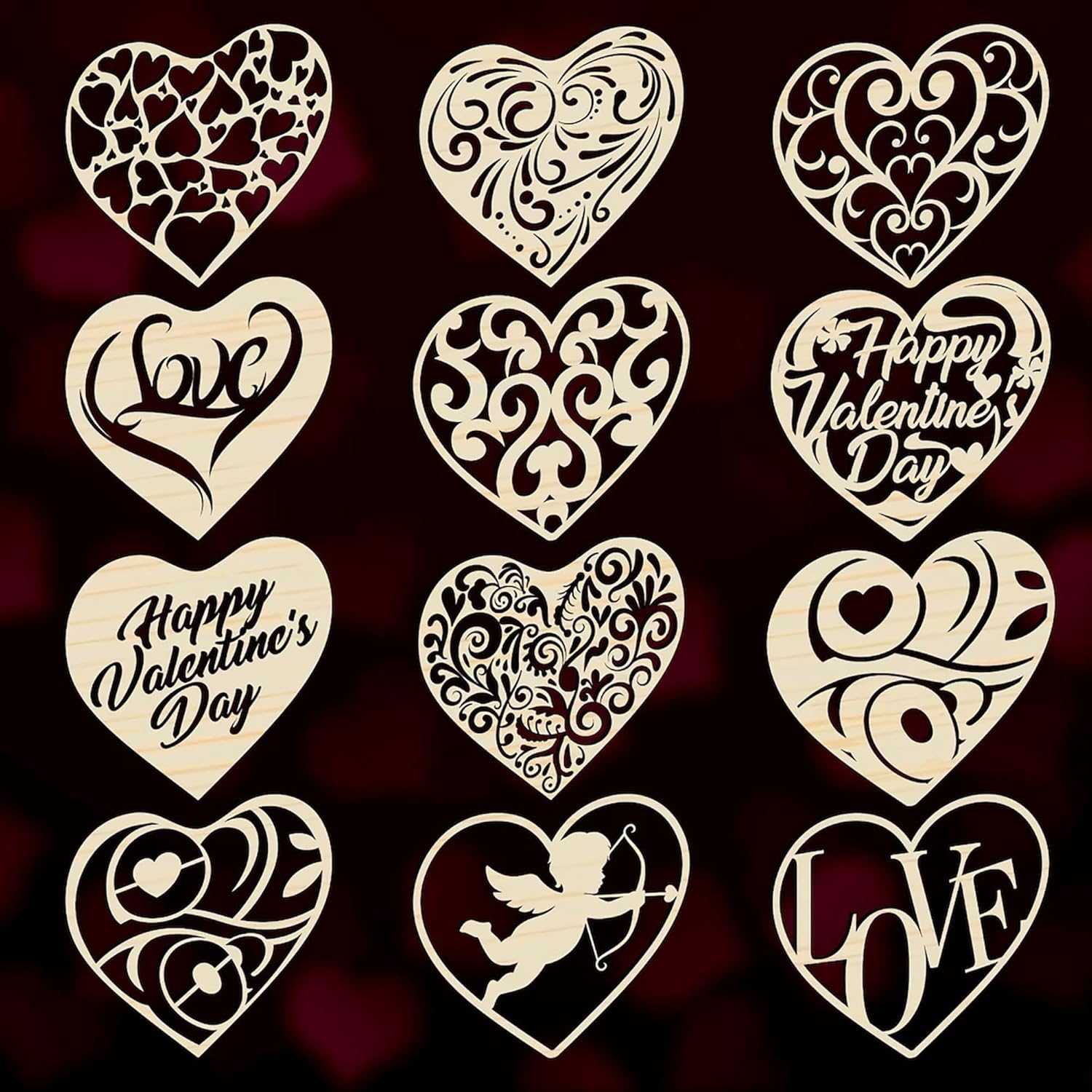 Decorative heart shapes with various designs and text on a dark background