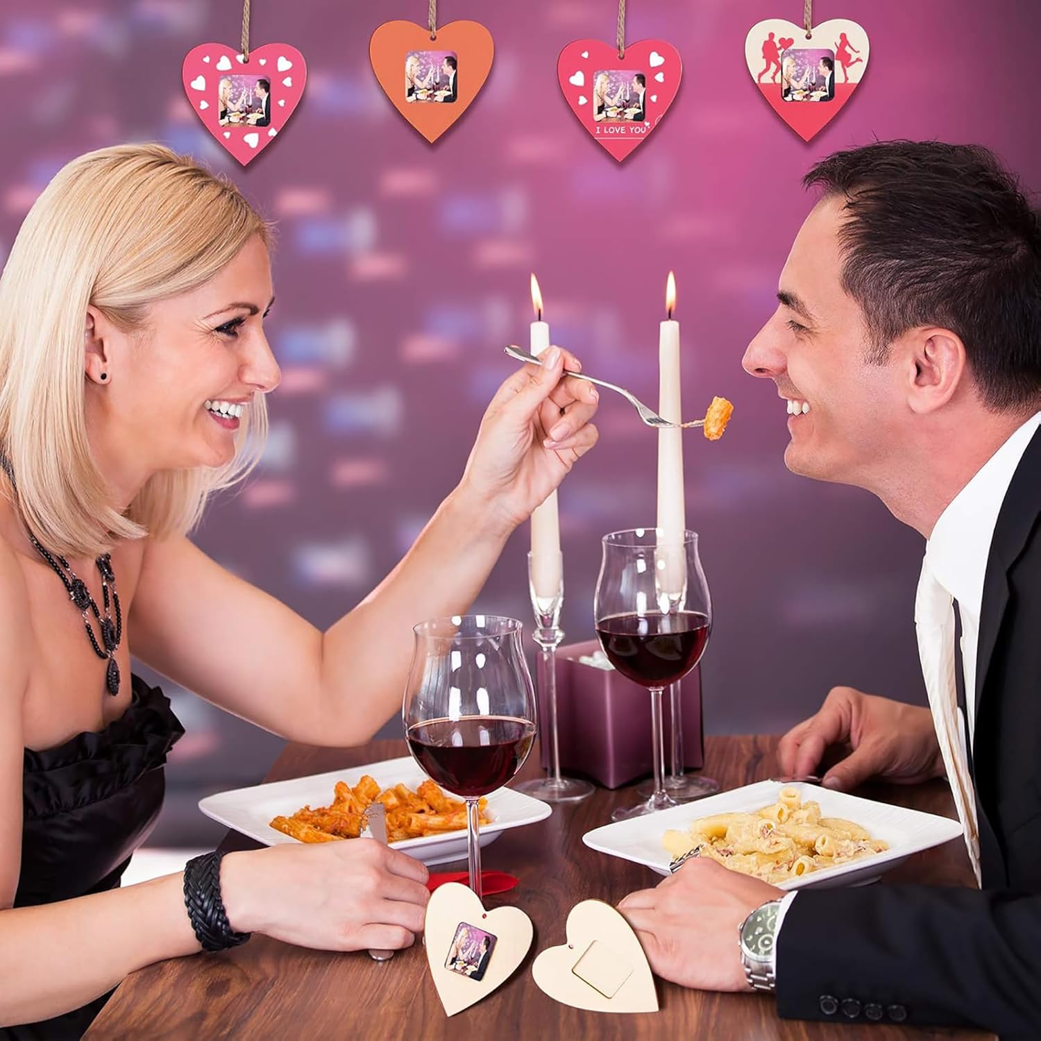 Couple dining together with romantic setting and heart-shaped decorations.