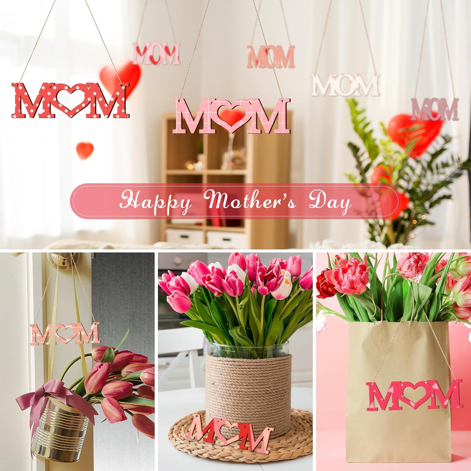 Collage of Mother's Day decorations with 'MOM' and heart designs.