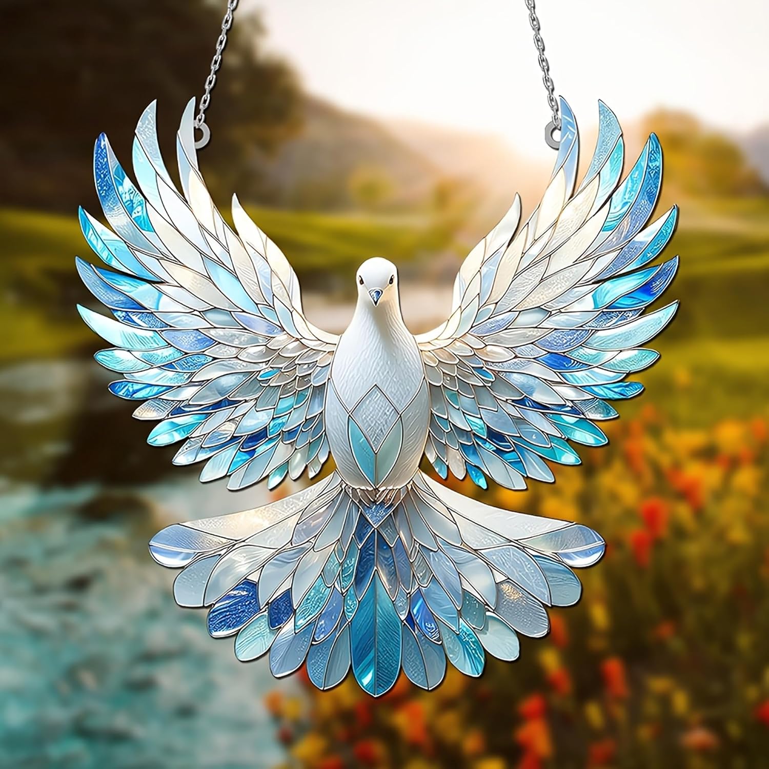 Decorative glass dove with blue and white wings against a blurred natural background