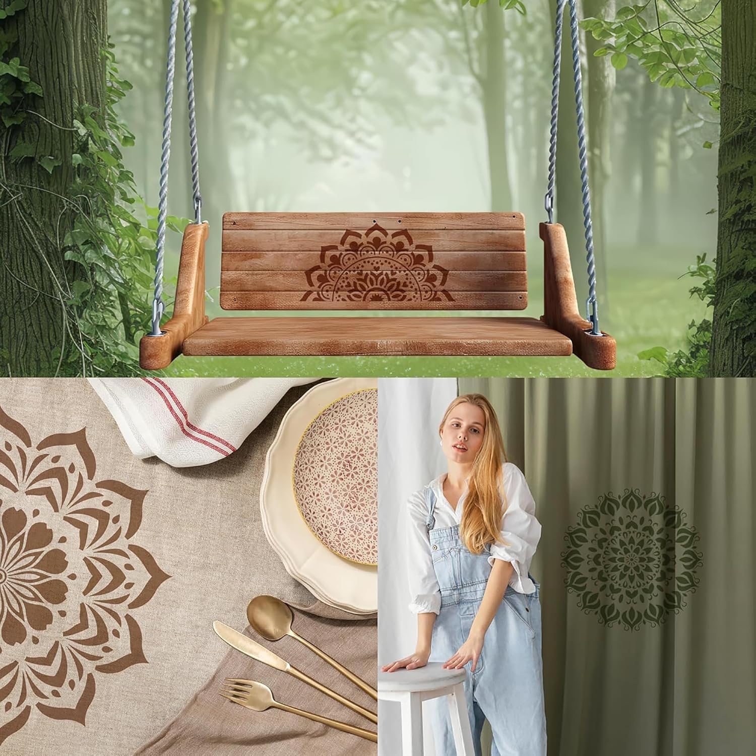 Wooden swing with decorative pattern in a forest setting, followed by a table setting with similar design, and a person wearing a white shirt and denim apron.