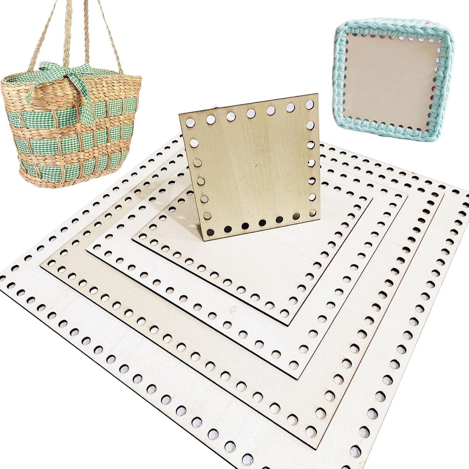 Set of pegboards with a basket and small mat on a white background