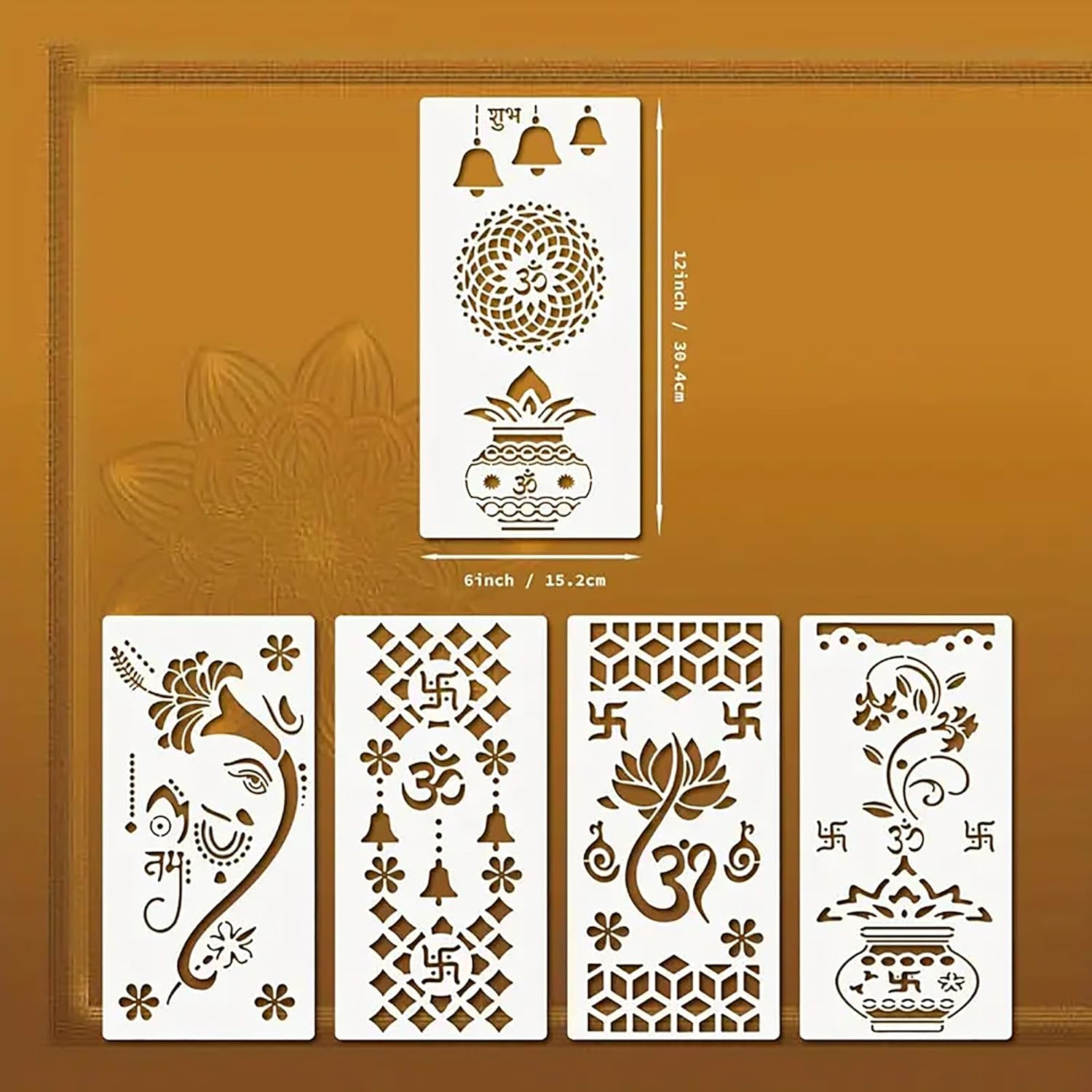 Set of decorative stencils with various patterns on a brown background