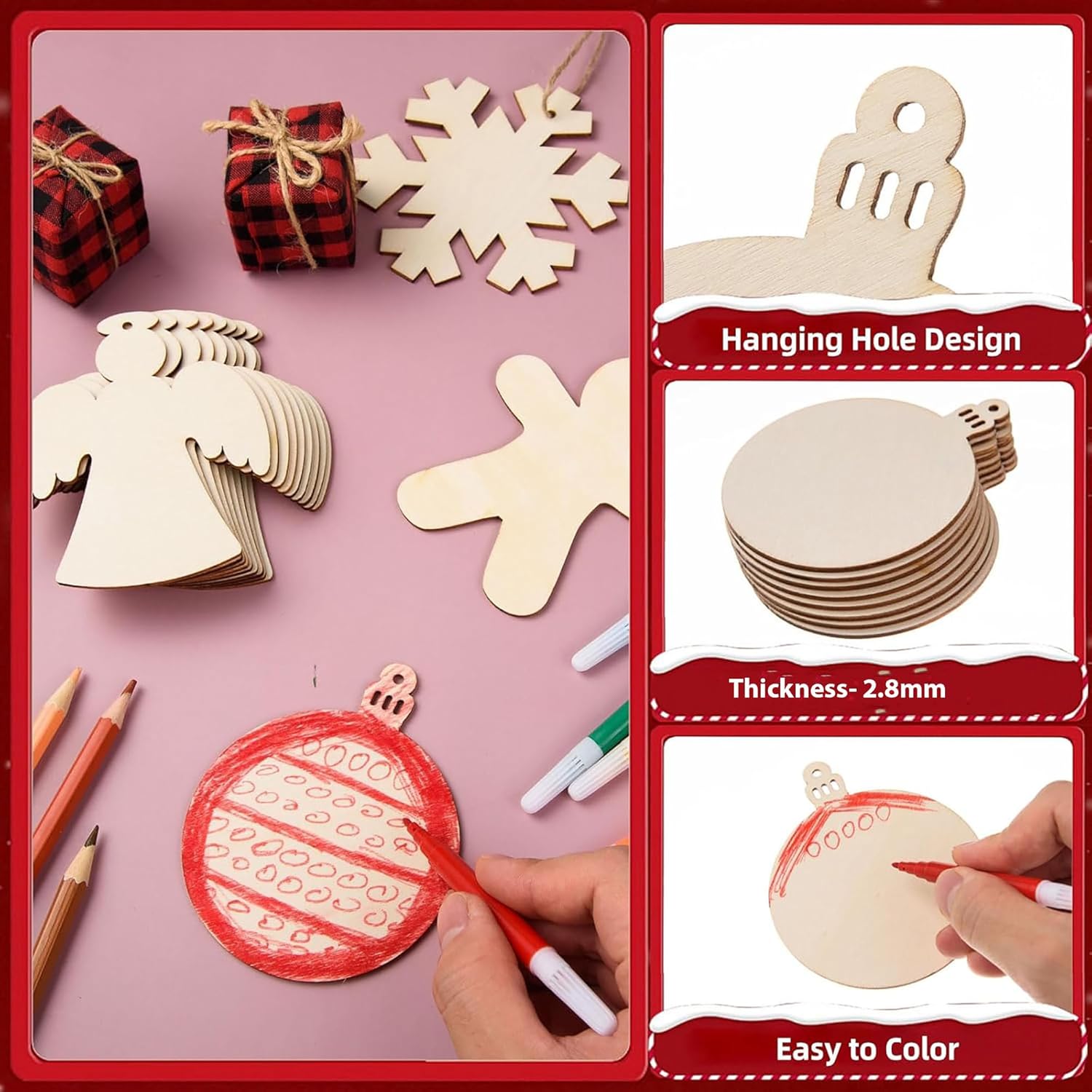 Wooden Christmas ornaments with a hand coloring one, on a pink background.