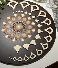 Decorative round mat with geometric pattern on a table