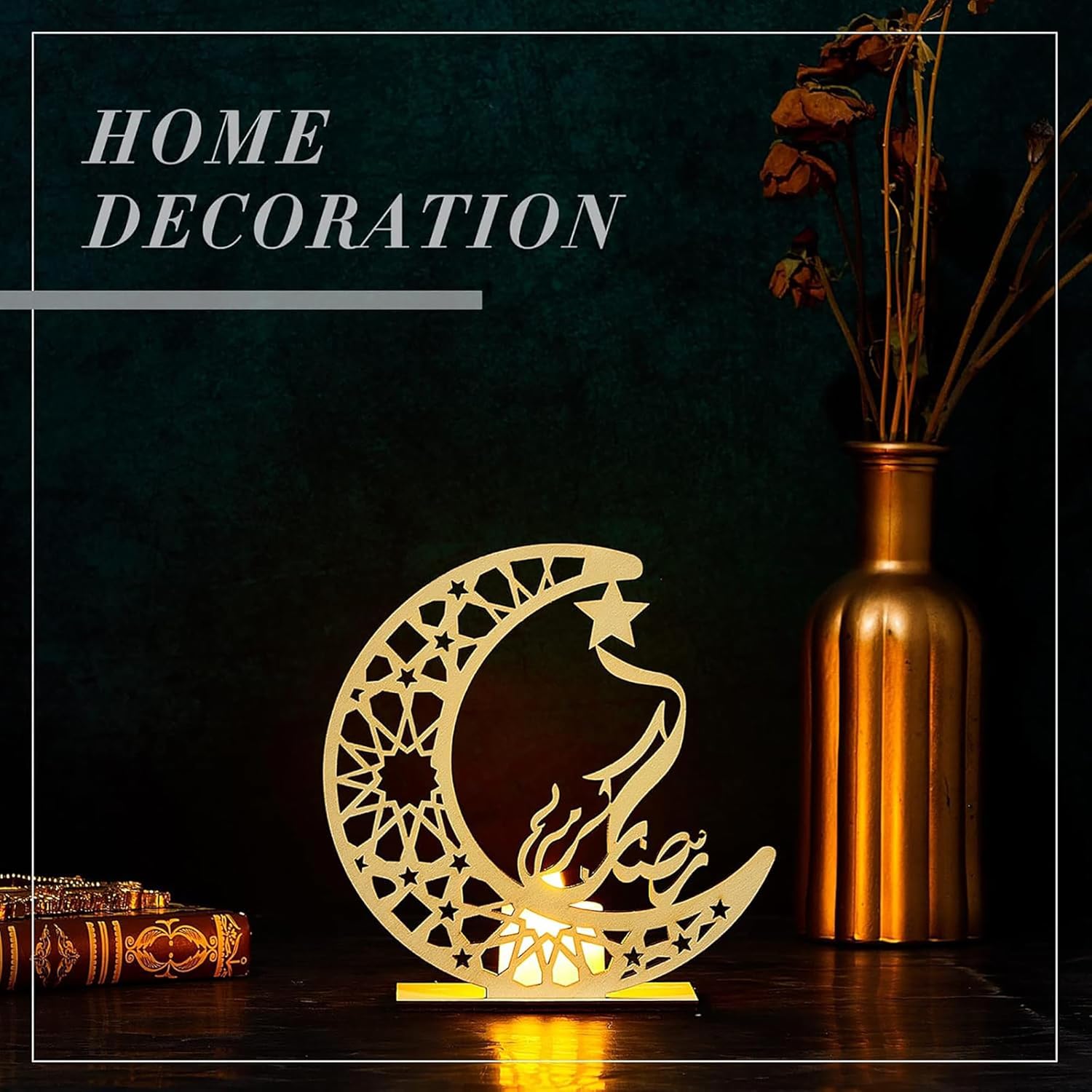 Decorative moon and star lamp with a vase on a dark background, labeled 'Home Decoration'.
