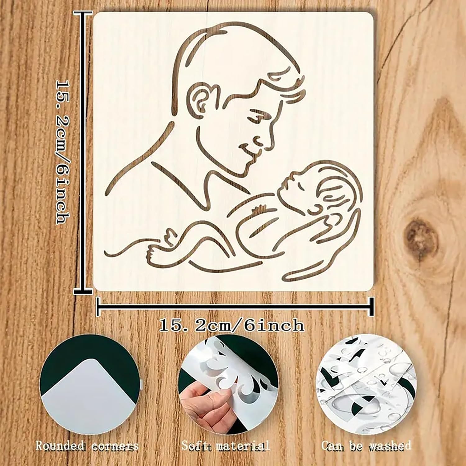 Wooden plaque with a father and child illustration, measurements, and material details on a wooden surface.
