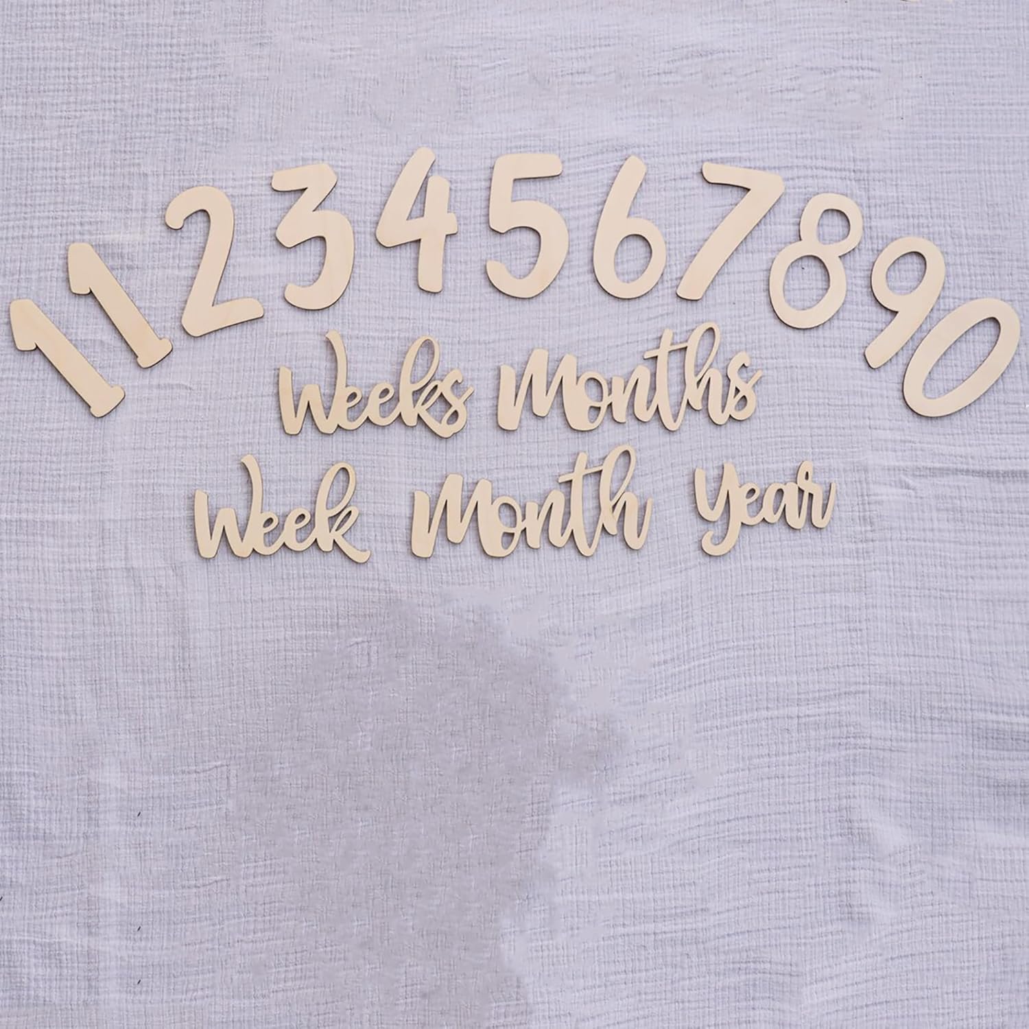 Wooden numbers and text pieces on a textured fabric background