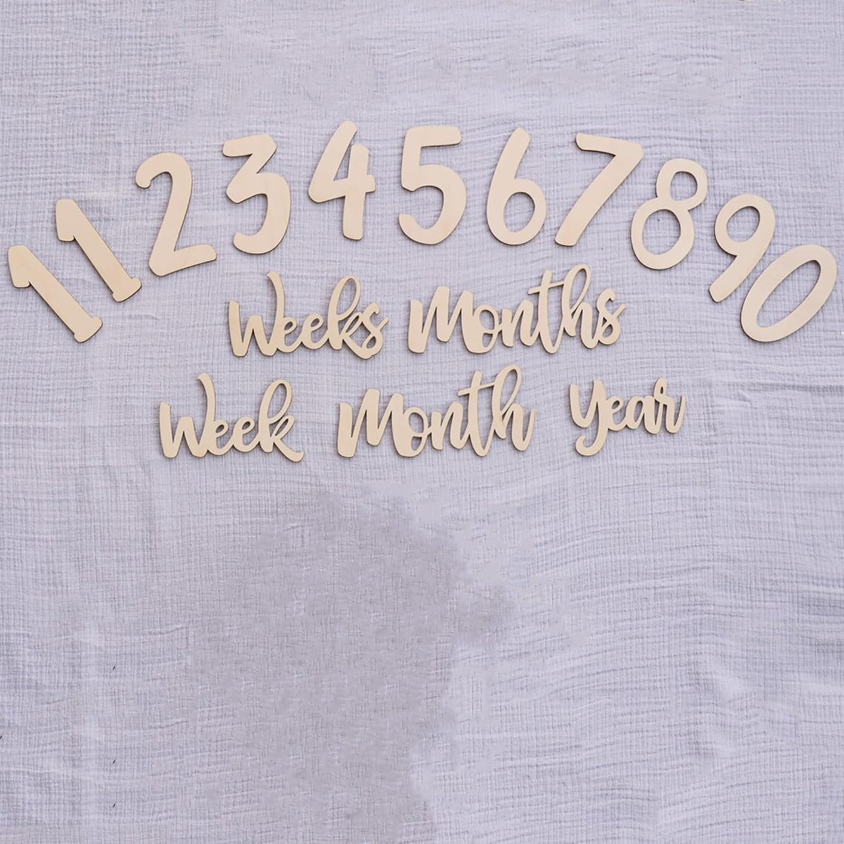 Wooden numbers and text pieces on a textured fabric background