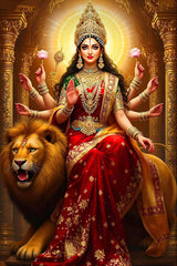 Divine figure with multiple arms and a lion, dressed in traditional attire, against an ornate background.