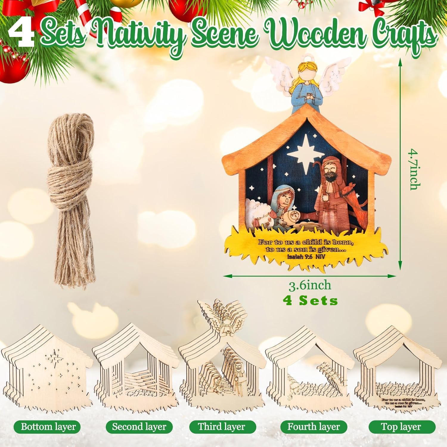 Nativity scene wooden craft set with dimensions and layers displayed on a festive background.
