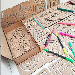 Kids' geometric tangram puzzle with drawing templates